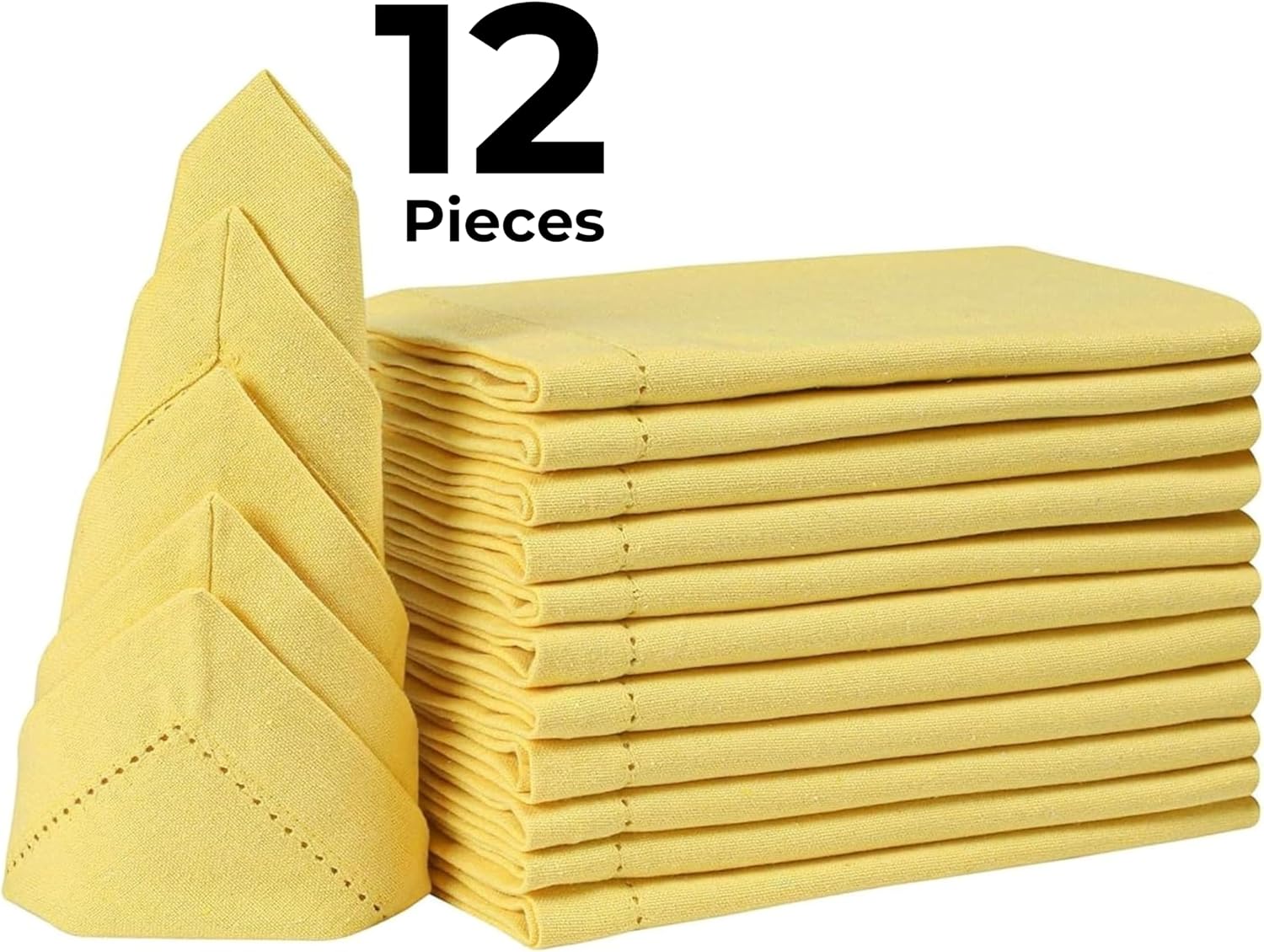 Bedding Craft Cotton Dinner Napkins Set of 12 – 18x18 Sand Yellow with Hemstitched Mitered Corners – Machine Washable