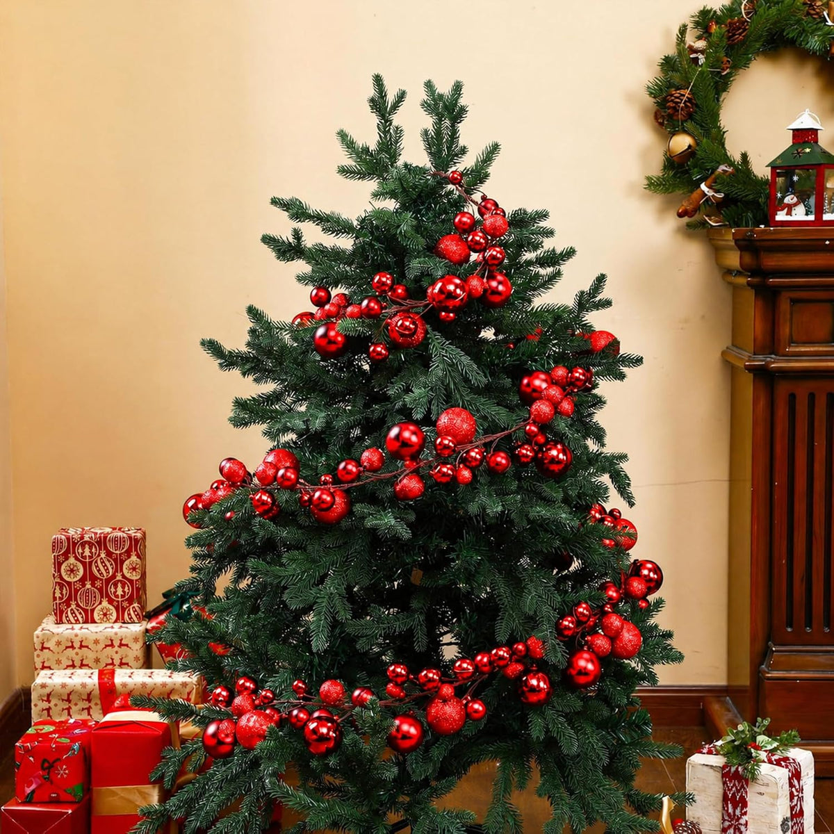 2 Pcs 6 ft Christmas Ball Ornament Garland, Mixed Red | Ball Ornament, Christmas Bulb Garland, Xmas Tree Bauble