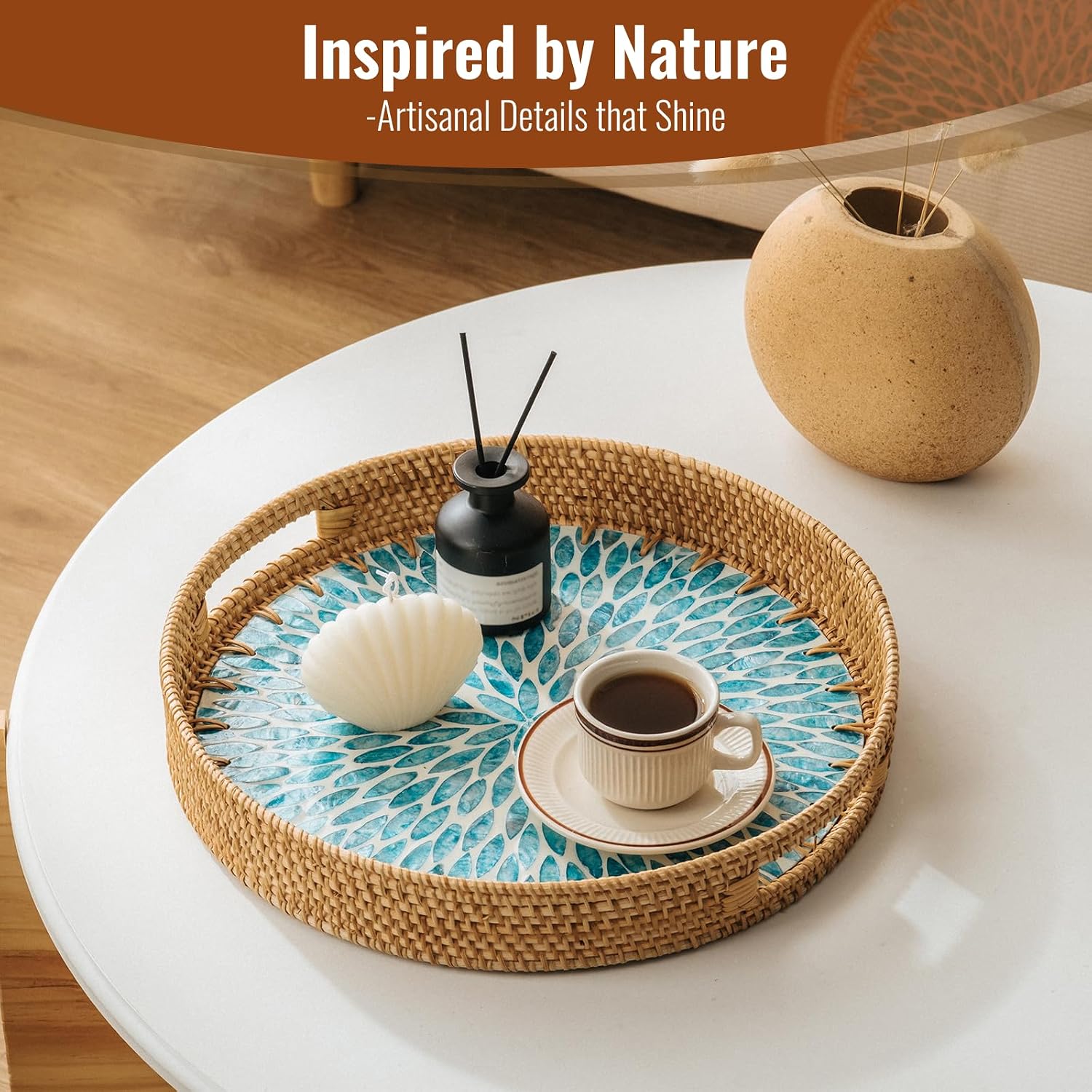 in Round Rattan Serving Tray / Blue / 13.8 Inch