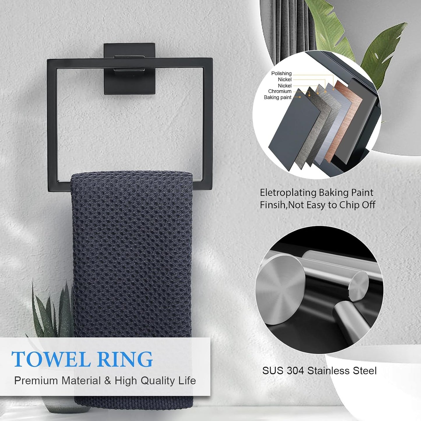6-Piece Black Bathroom Hardware Set 23.6 Inch Towel Bar Set Double Towel Bar Towel Ring Coat Hook and Toilet Paper