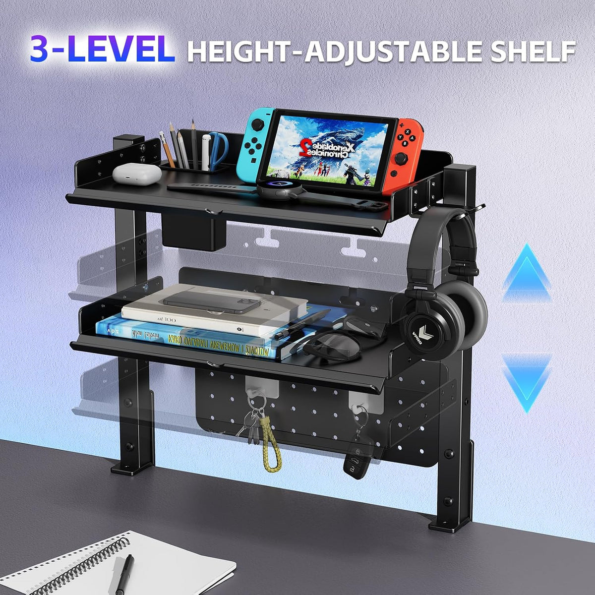 Metal Clamp On Desk Shelf,Storage Shelves with Pegboard and Pencil Holder | 2-Tier Adjustable 16 inch Above or Under
