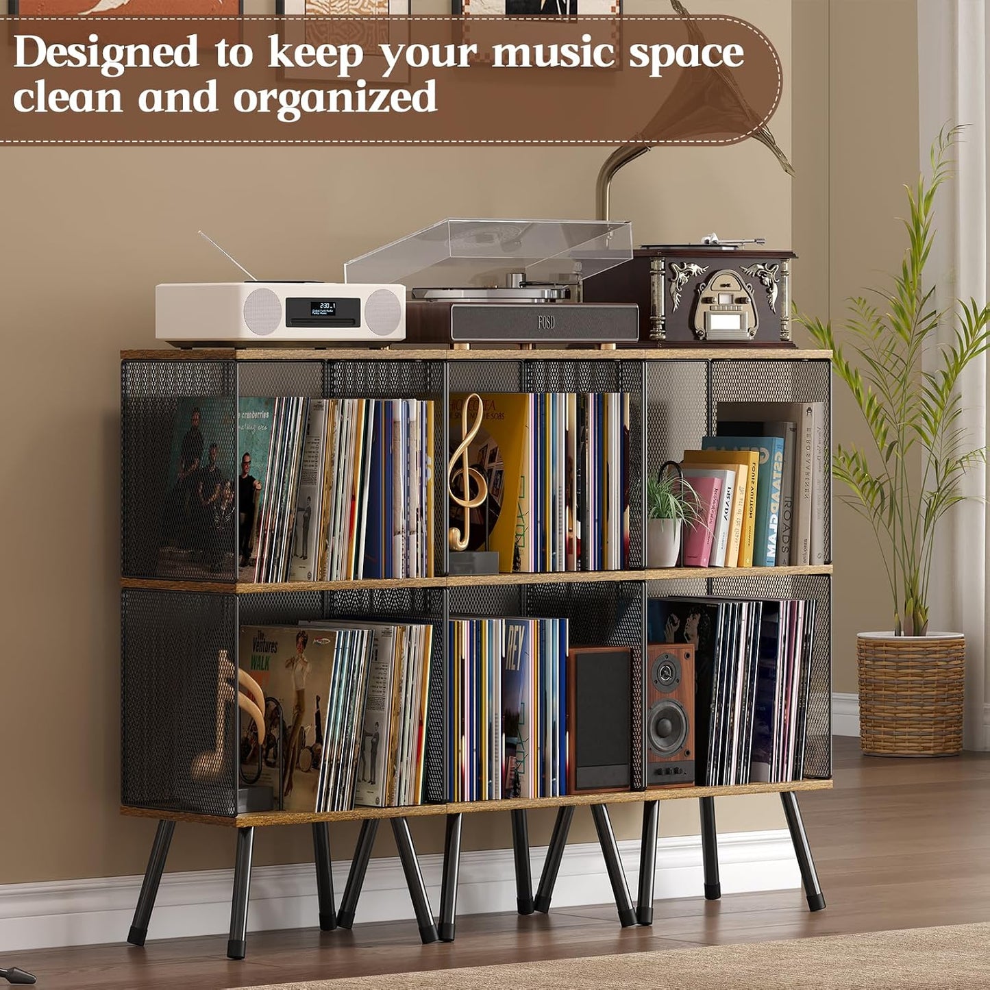 X-cosrack 3-Tier Record Player Stand, Turntable Stand with Storage up to 200 Albums, Corner Vinyl Record Holder with