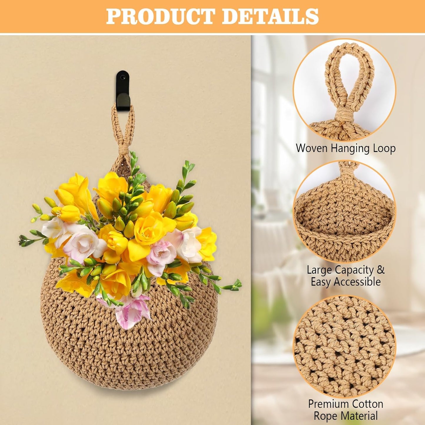 Boho Hanging Fruit Baskets / Brown / Set of 3