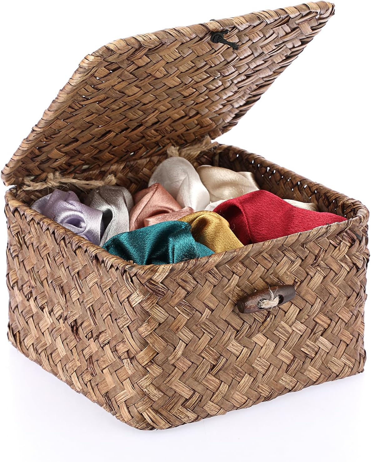 Seagrass Basket / Lid Wicker Storage Basket Square Handwoven Decorative Baskets Box / Small / Coffee