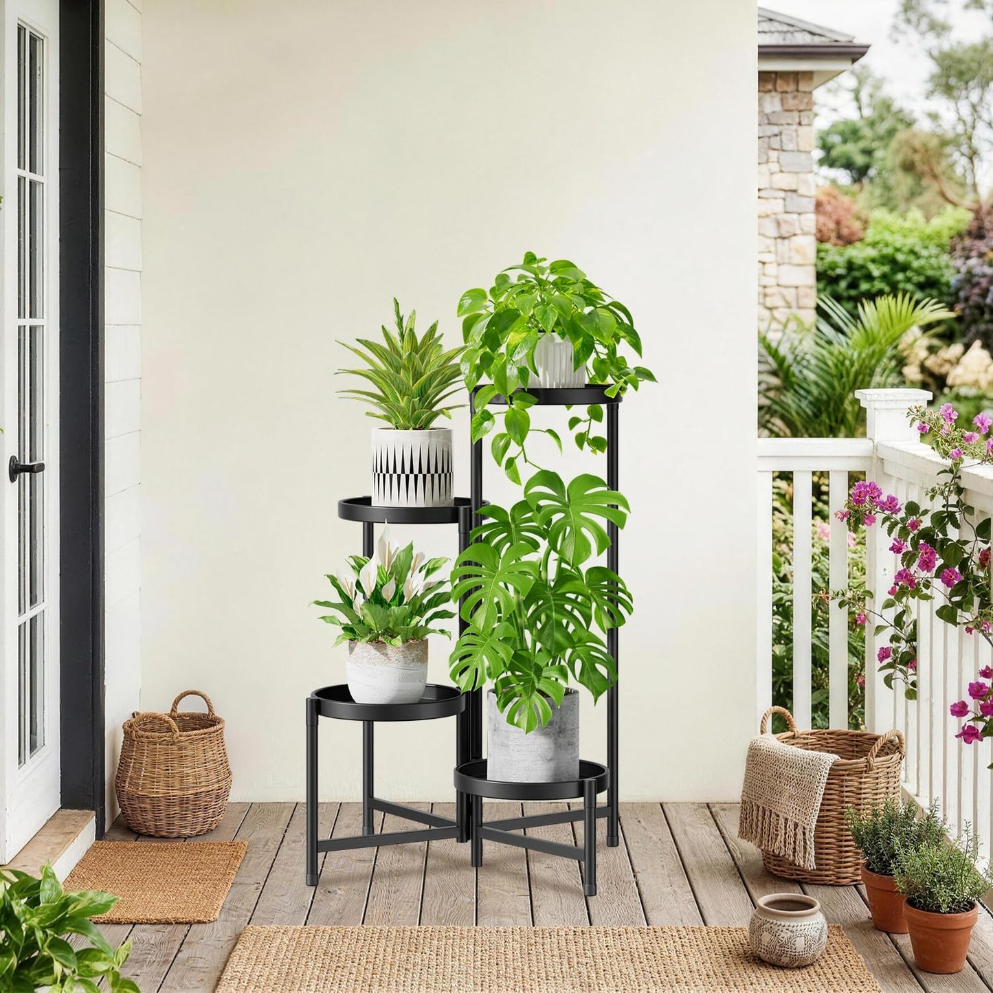 iDavosic.ly 4 Tier Large Plant Stand Indoor Outdoor, 10 In Wide Tray, Black | Tiered Metal Corner Heavy Duty Multiple