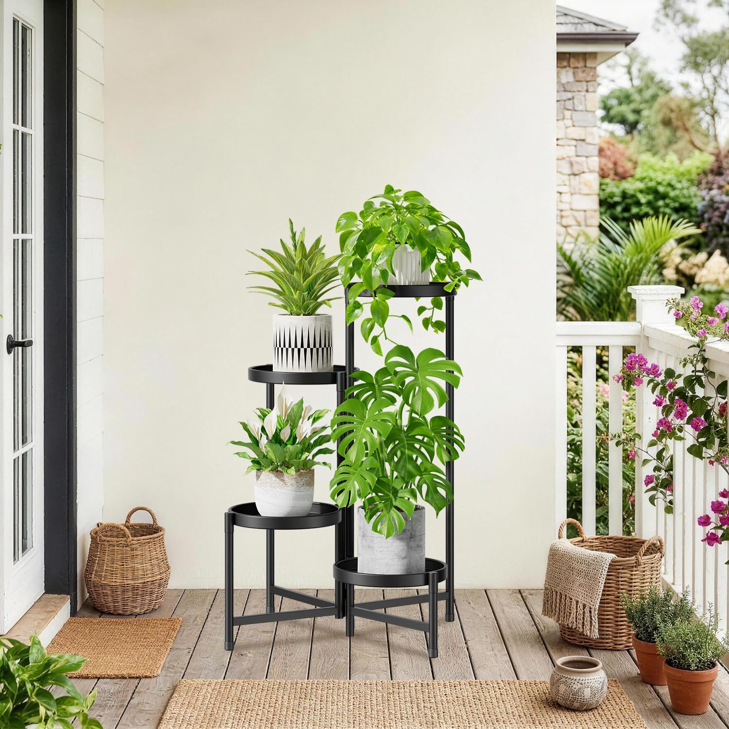 iDavosic.ly 4 Tier Large Plant Stand Indoor Outdoor, 10 In Wide Tray, Black | Tiered Metal Corner Heavy Duty Multiple