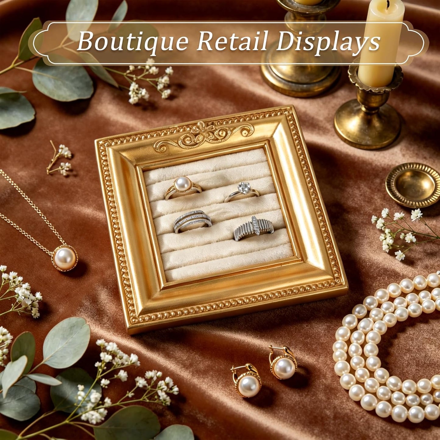 Vintage Ring Holder Rectangle Gold Velvet Display Stand / Mpf05-gold Beige