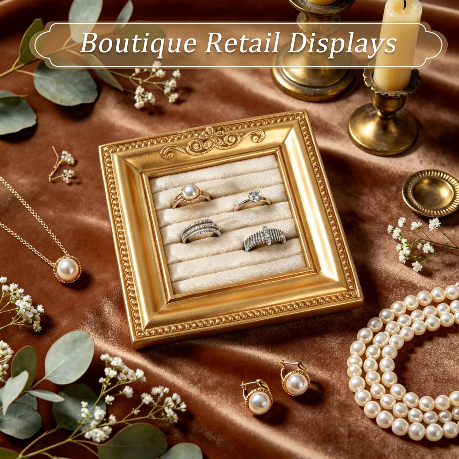 Vintage Ring Holder Rectangle Gold Velvet Display Stand / Mpf05-gold Beige