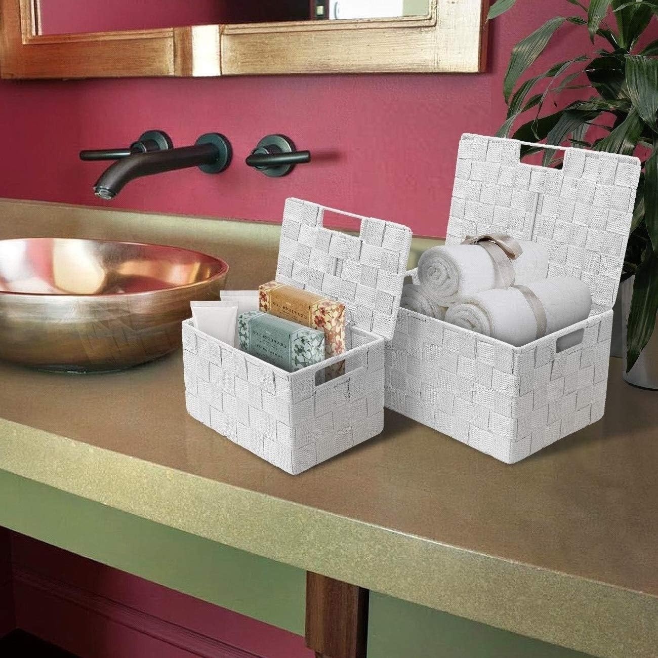 Hand-Woven Storage Baskets / Lid Bins / White / Set of 3