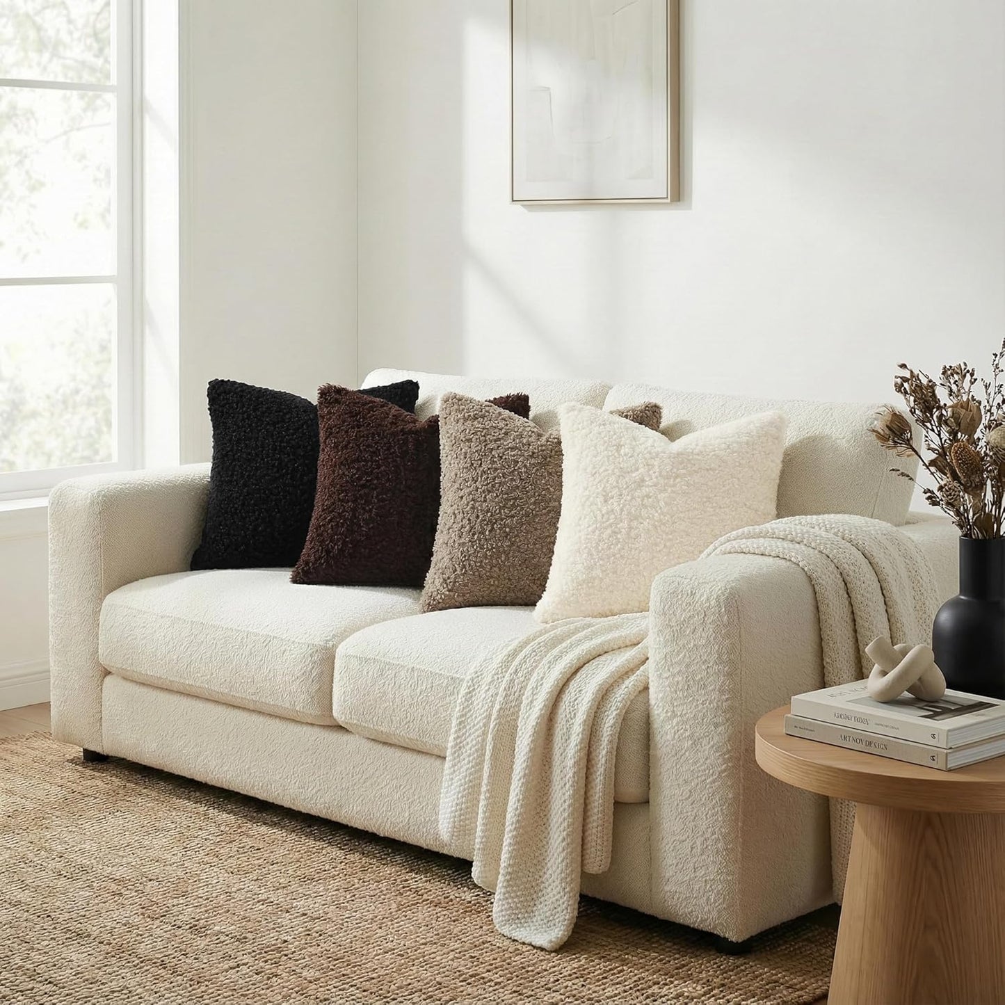 Faux Fur Decorative Sherpa Pillow Covers Fuzzy Accent Soft / Black / 18 x 18 / Set of 2