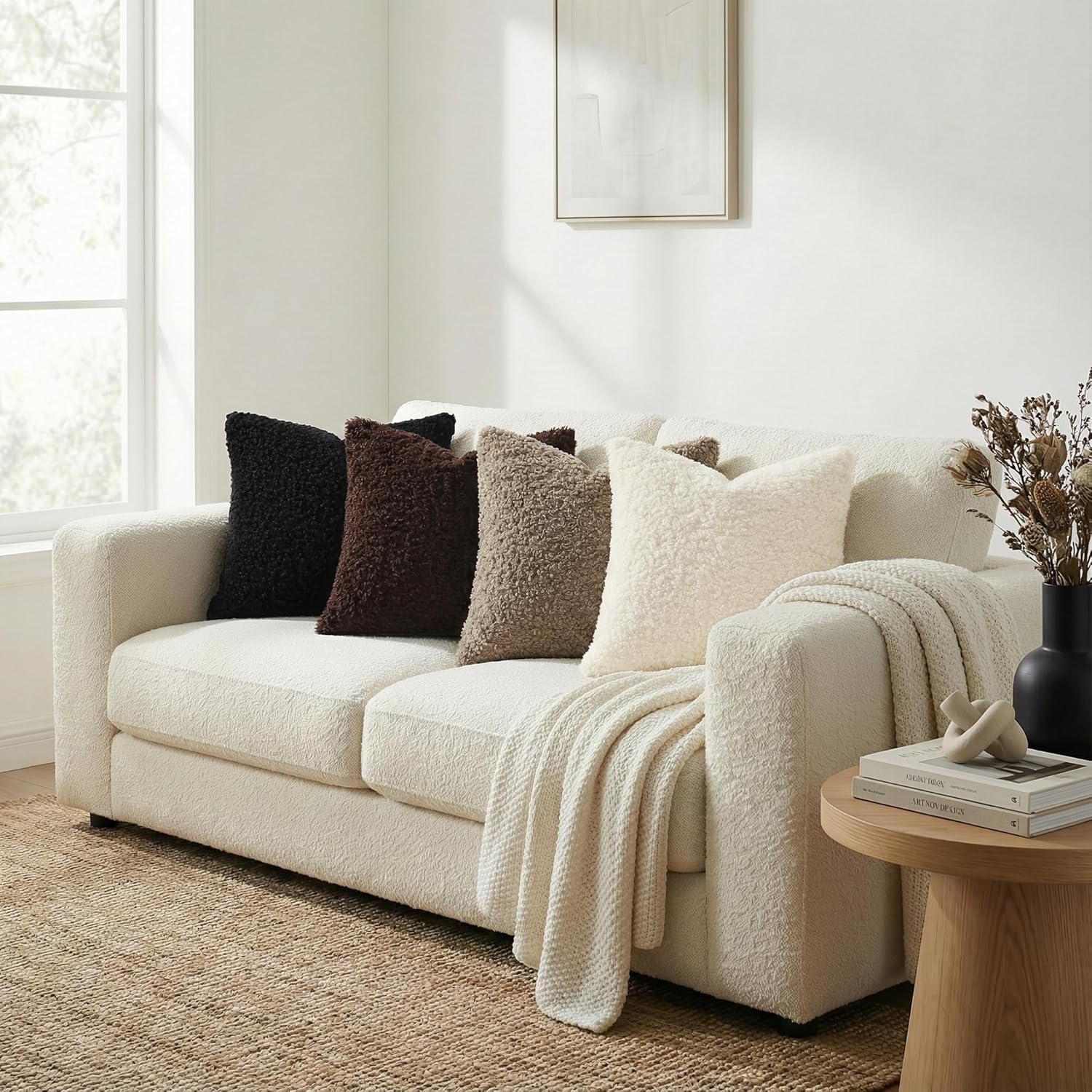 Faux Fur Decorative Sherpa Pillow Covers Fuzzy Accent Soft / Black / 18 x 18 / Set of 2