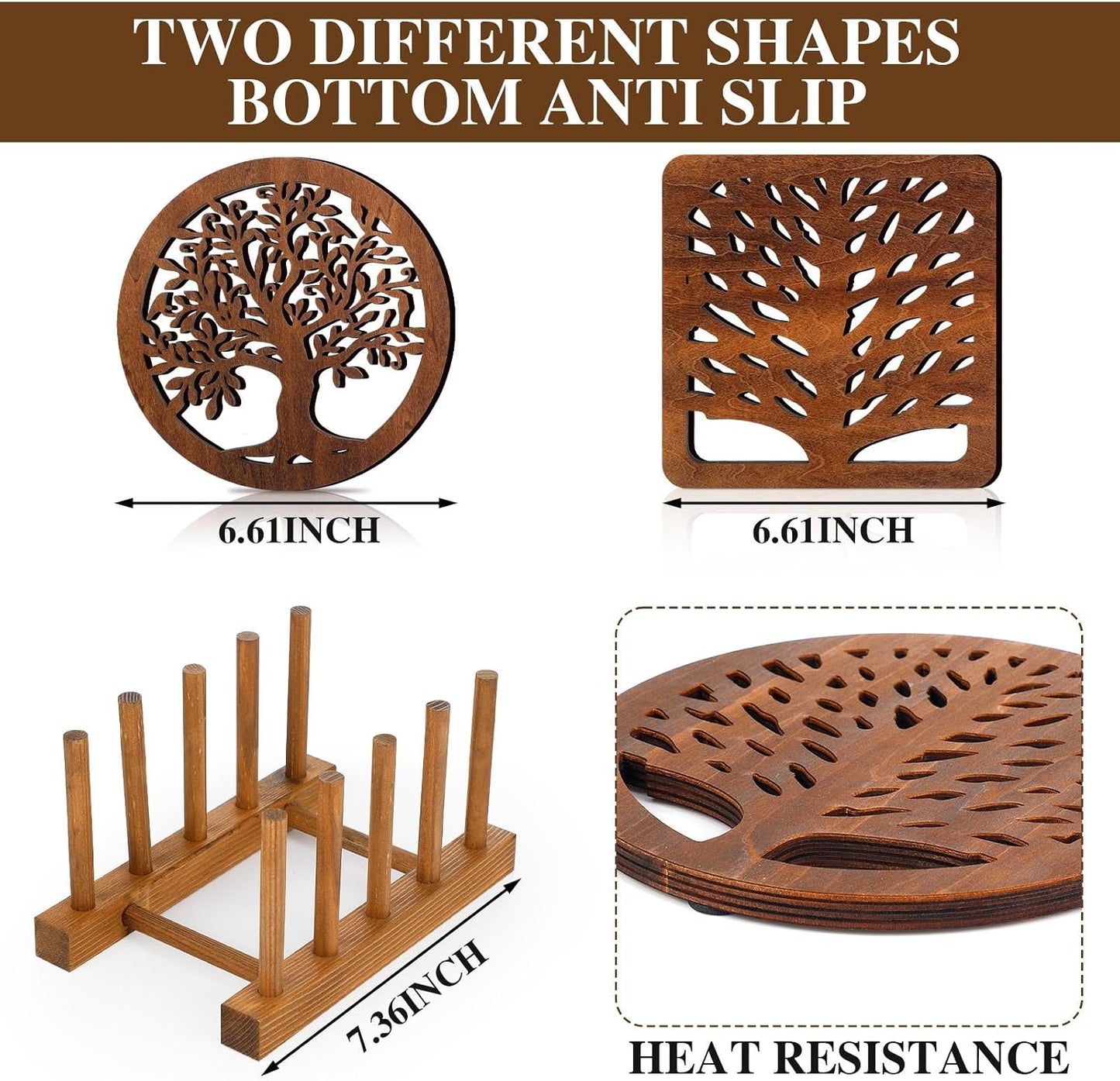 Beeveer 5 Pcs Life Tree Wooden Trivets with Storage Rack Hot Pads Trivets for Hot Dishes Pots and Pans Heat Resistant