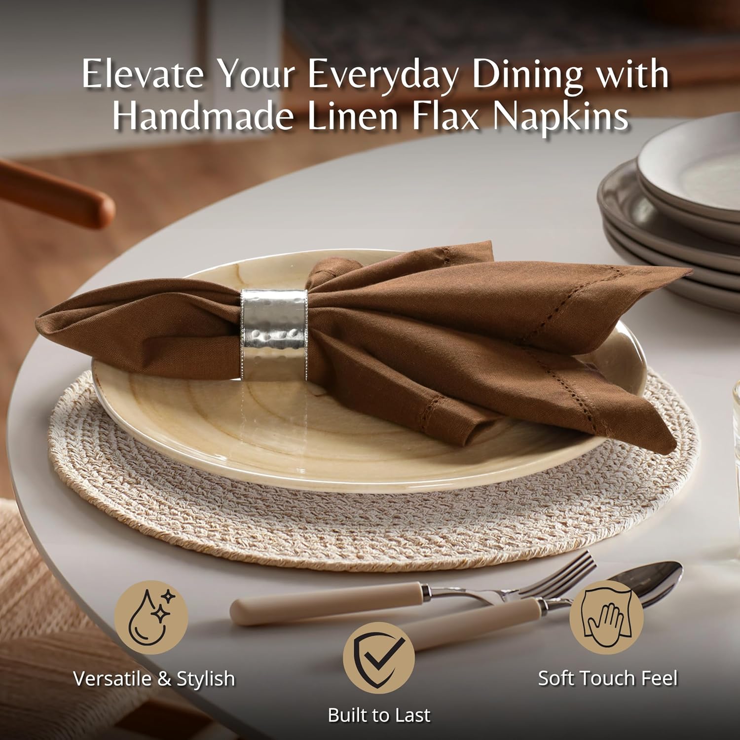 Ramanta Home Brown Cloth Dinner Napkin Set of 12-18x18 Inch | Cotton Linen Flax Hemstitched Napkins Washable for