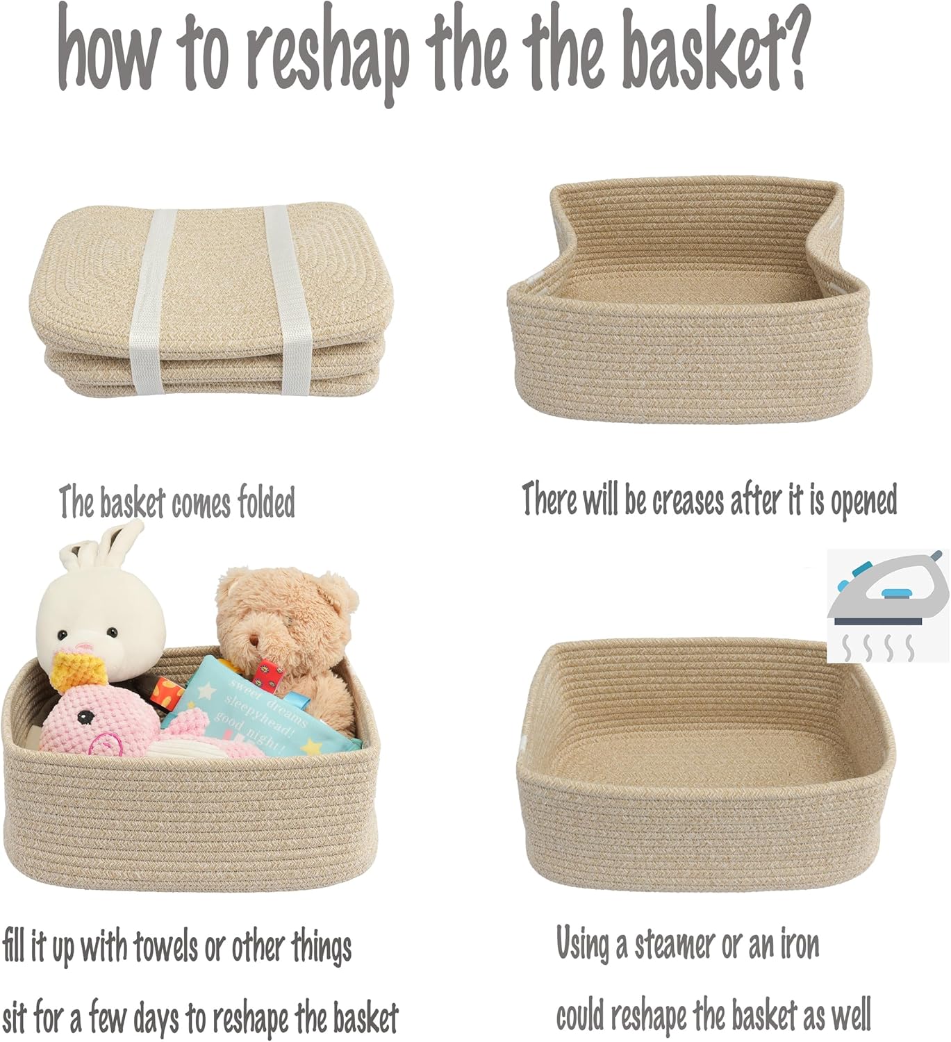 Small Woven Storage Baskets " Decorative Rope Bins for Organizing / Oatmeal / Regular / 12 x 8 x 5