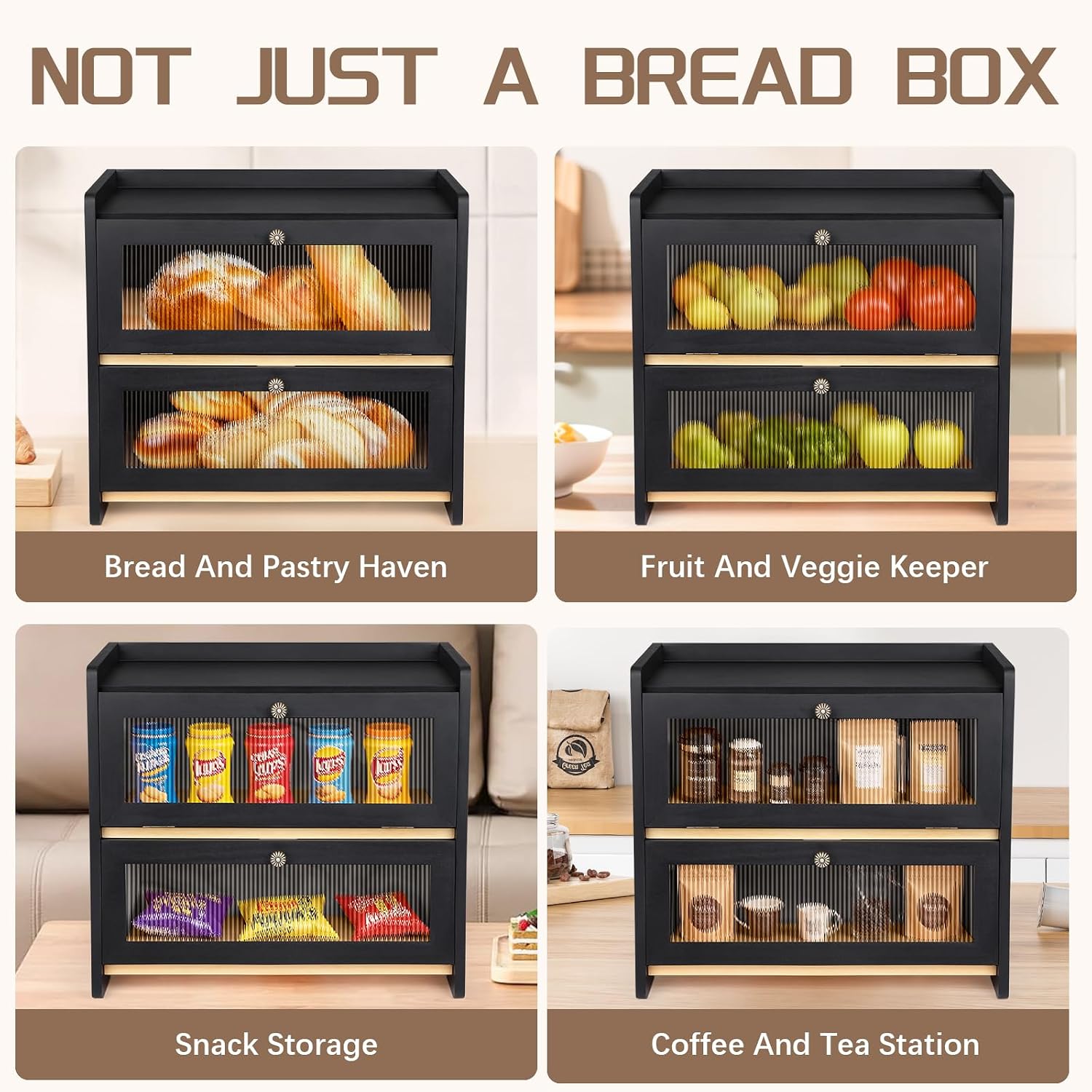 VEDALIO Bread Box For Kitchen Countertop, Black Breadbox, Bread Boxes for Kitchen Counter Organizer Decor Storage
