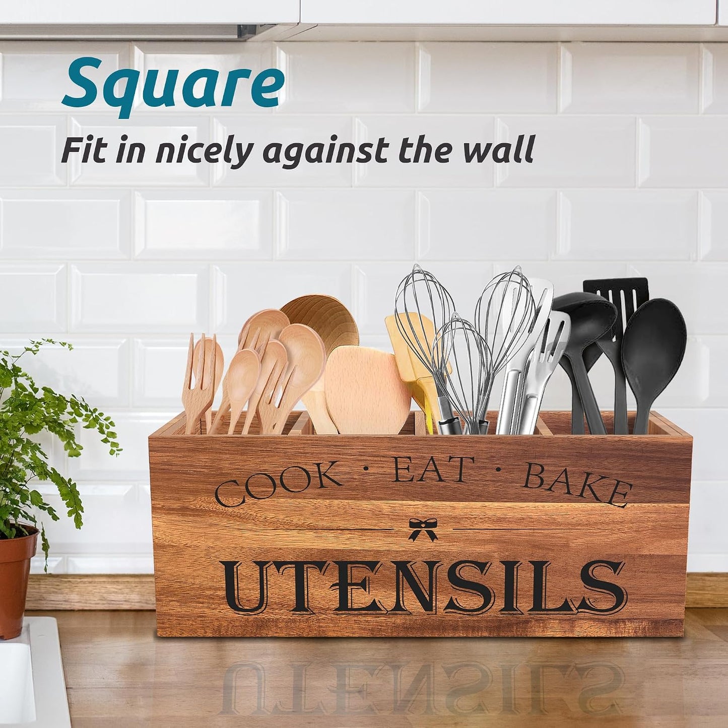 Suli Extra Large Utensil Holder Countertop for Kitchen Counter,Acacia Wood | Hold 40 Utensils,4 Removable Divider,Rutic