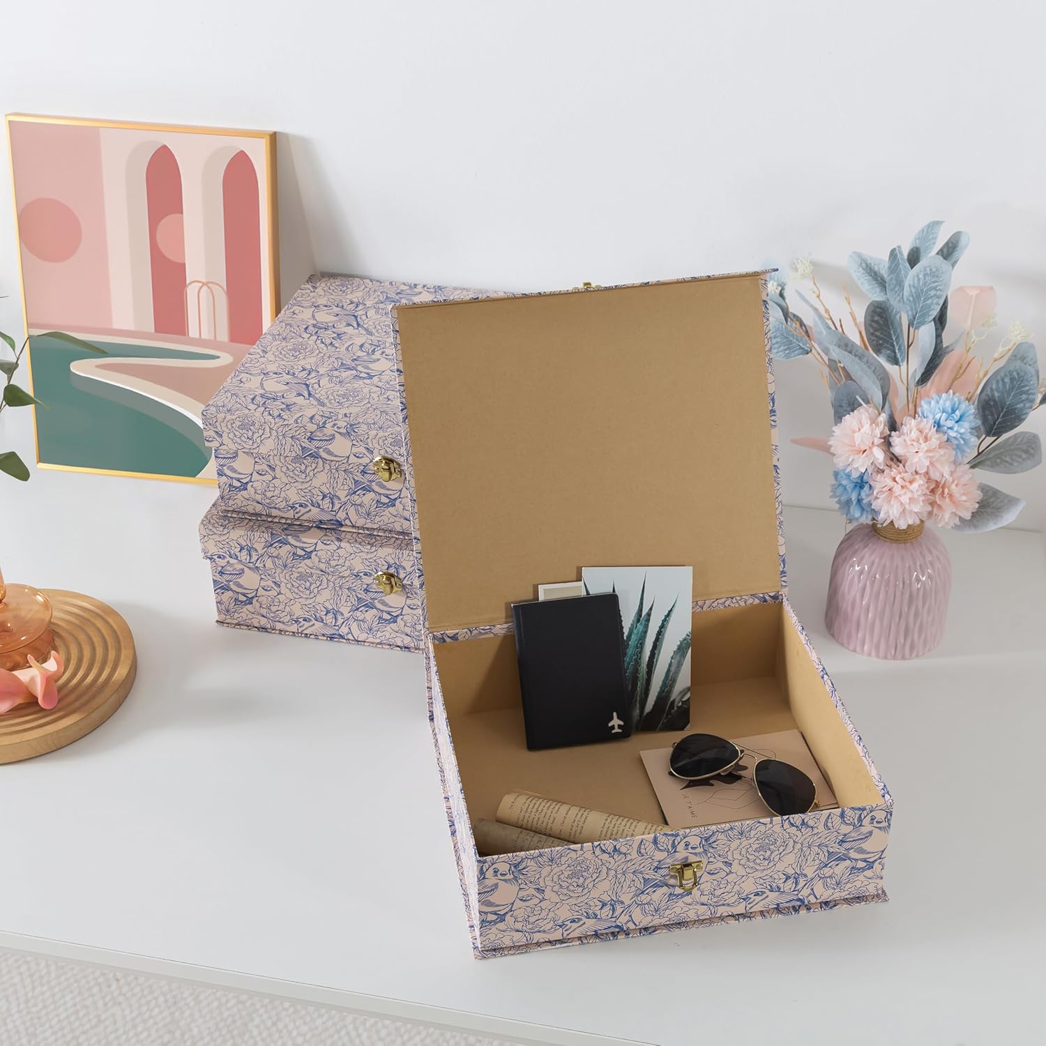 White Floral Cardboard Decorative Storage Boxes / Aviary Garden / Blue / Set of 3