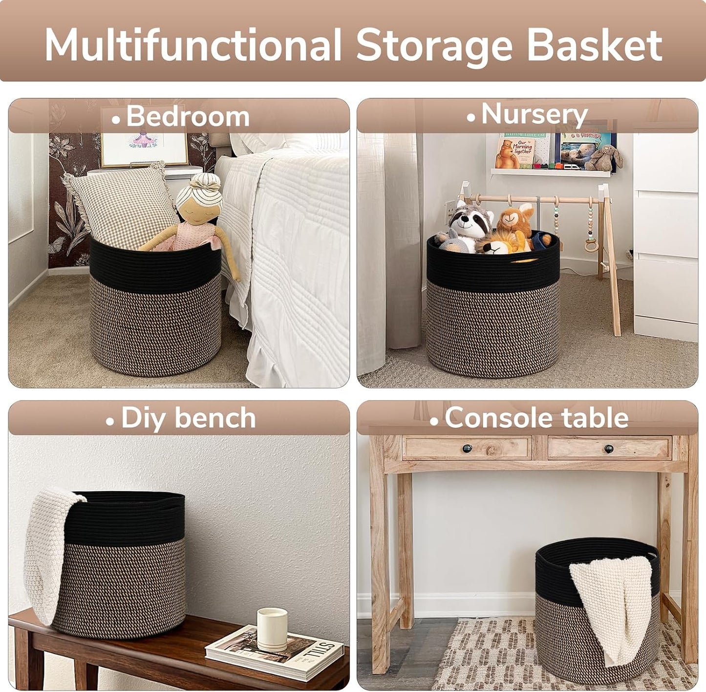 Woven Rope Storage Basket / Black & Mix Jute / 15.8 x 15.8 x 13.8