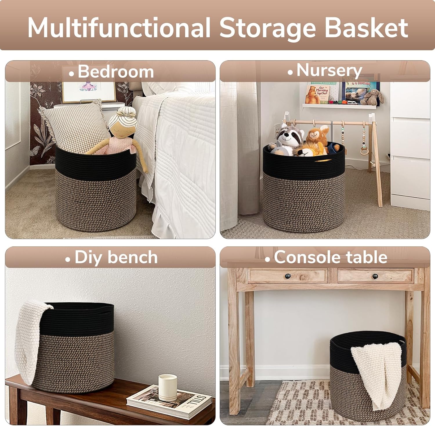 Woven Rope Storage Basket / Black & Mix Jute / 15.8 x 15.8 x 13.8