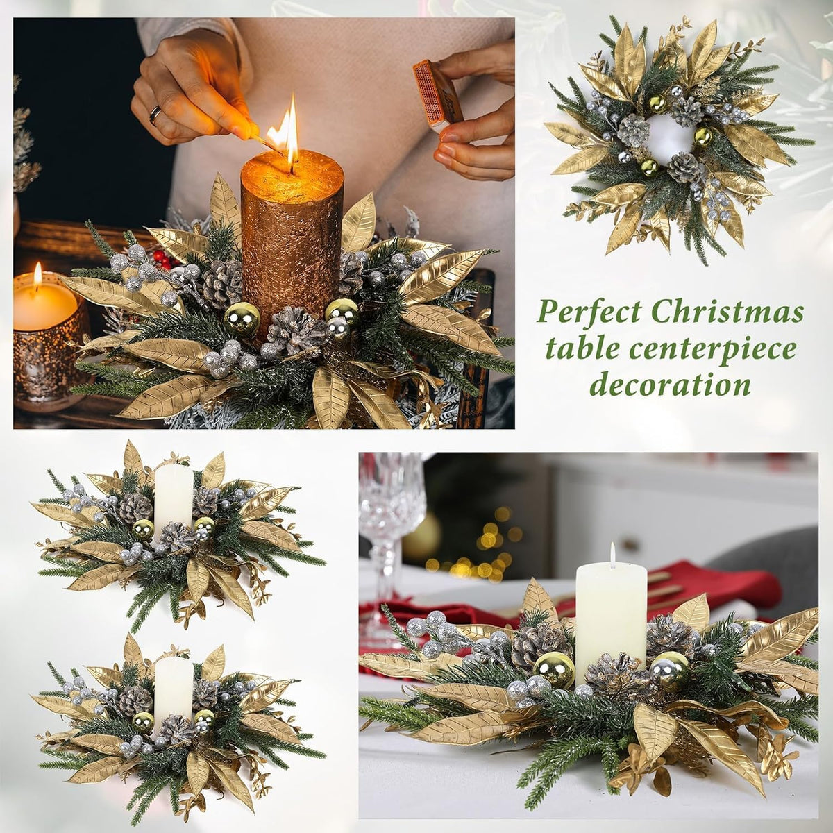 6 Pcs Christmas Candle Rings Wreaths Artificial Pine Wreaths with Christmas Balls Golden Twigs and Silver Berries