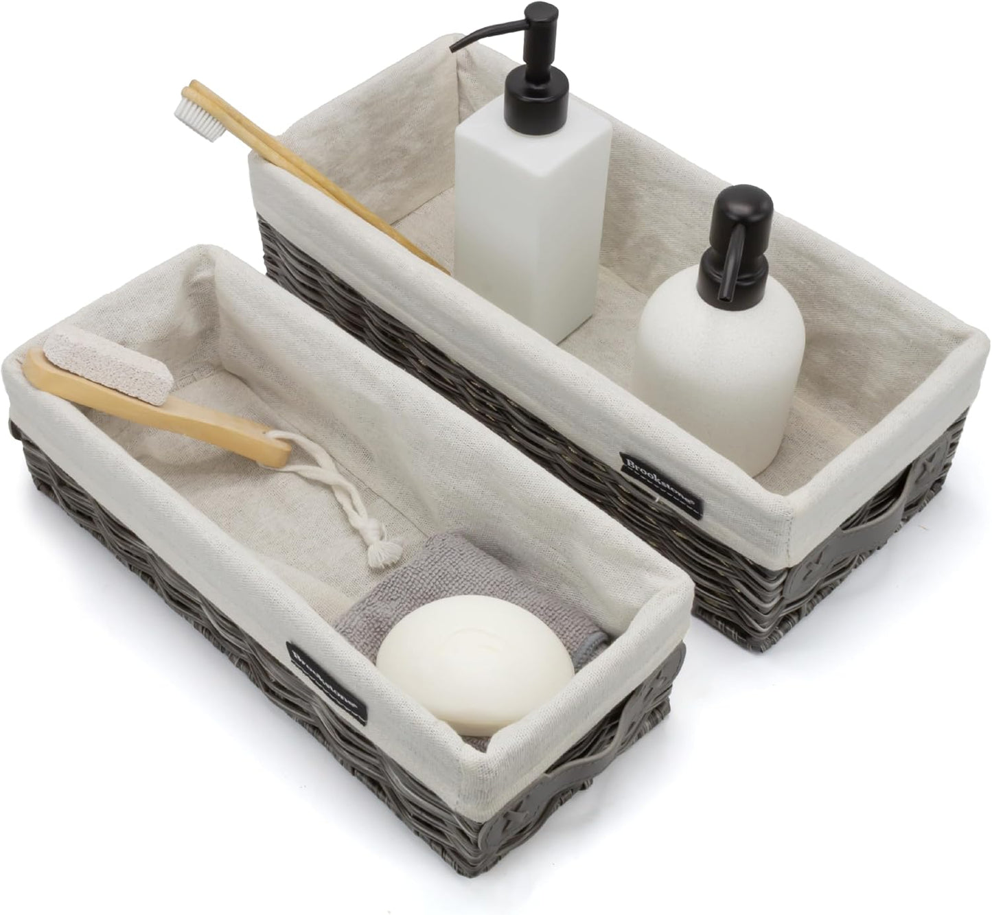 Wicker Shelf Storage Basket Decorative Shelf Bin / Grey Two Pack with Handles