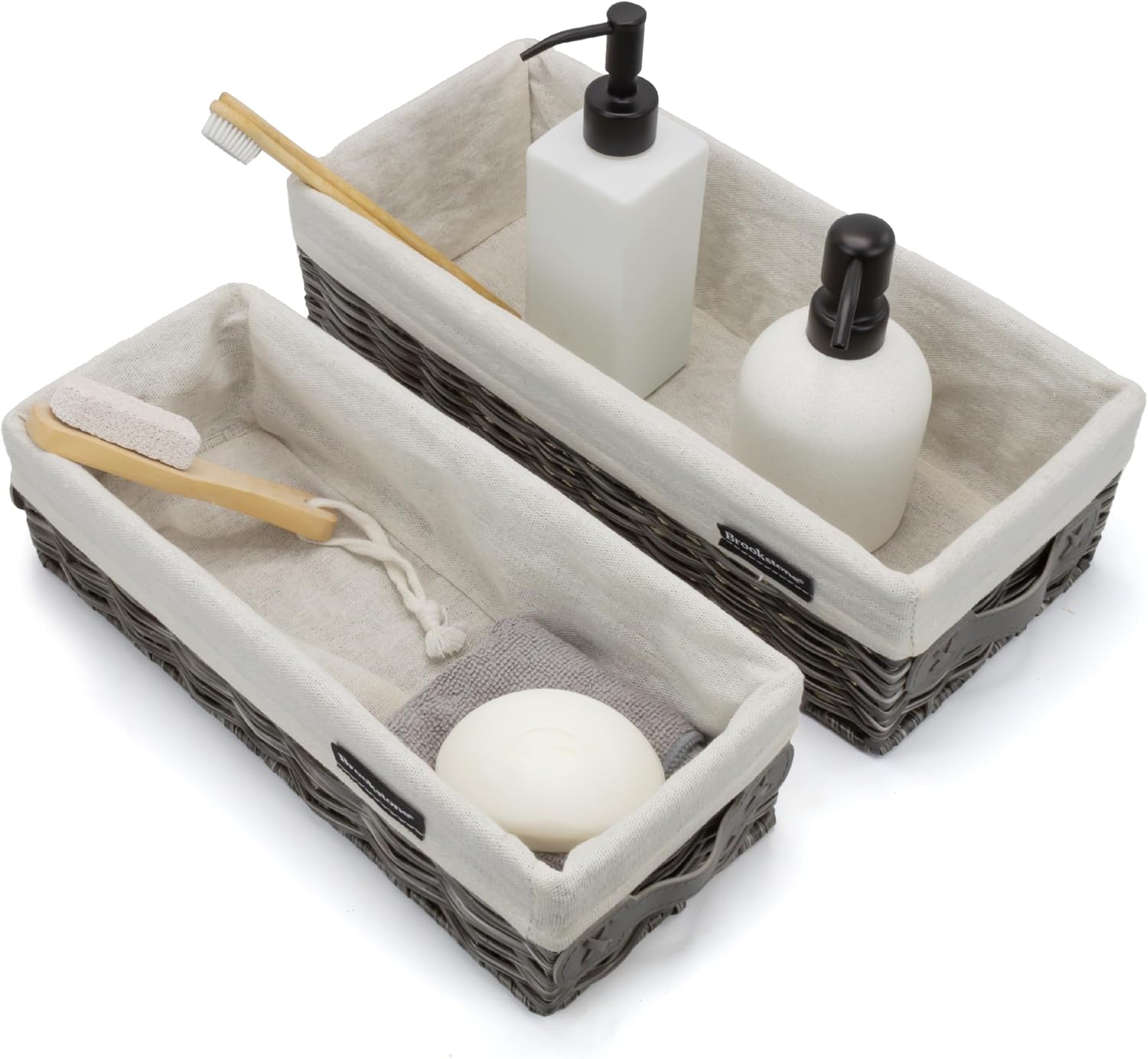 Wicker Shelf Storage Basket Decorative Shelf Bin / Grey Two Pack with Handles
