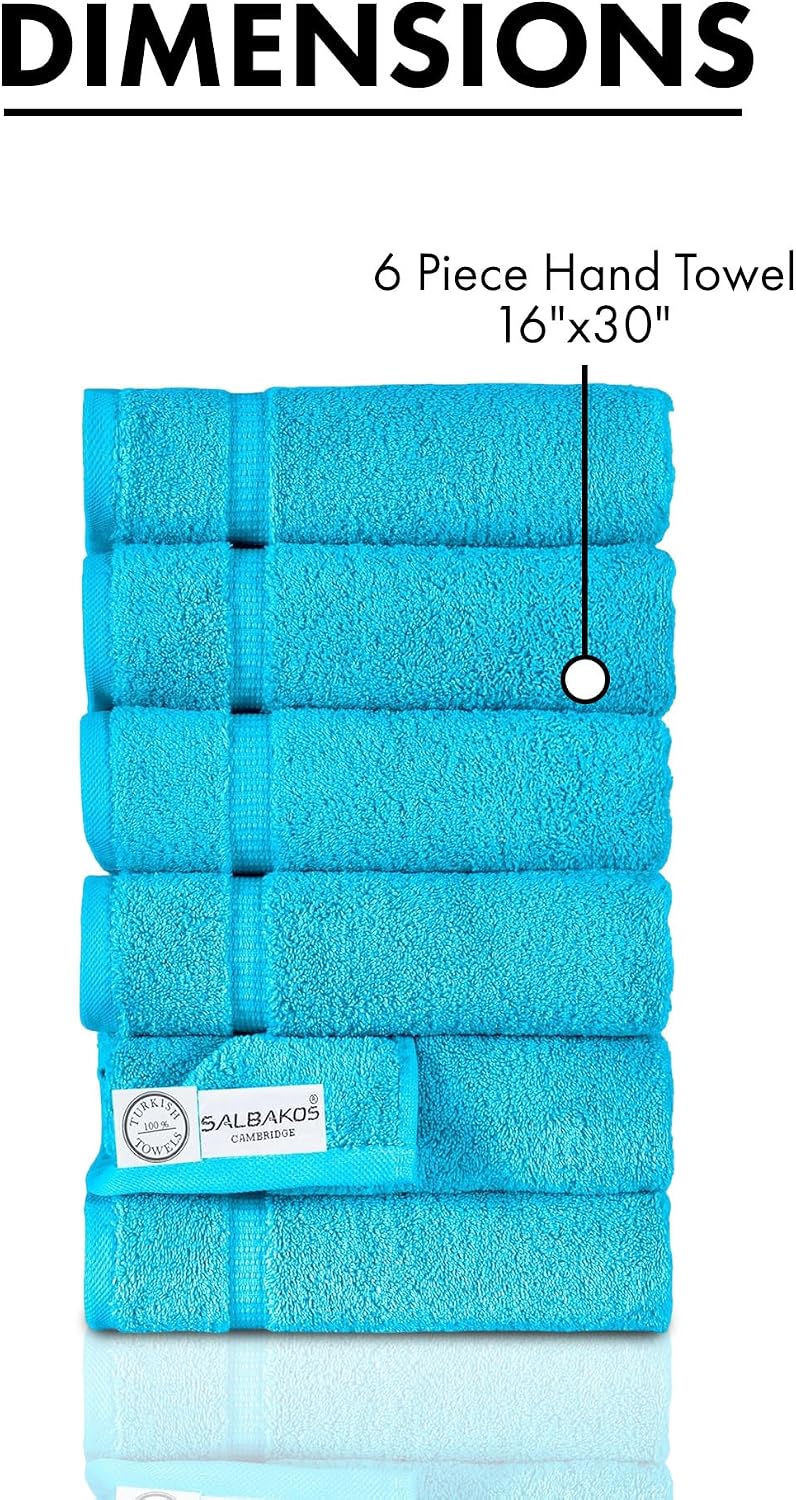 SALBAKOS 6-Piece 100% Turkish Cotton Hand Towels, 16x30 inch, Aqua | Large Size Thick Super Soft Highly Absorbent