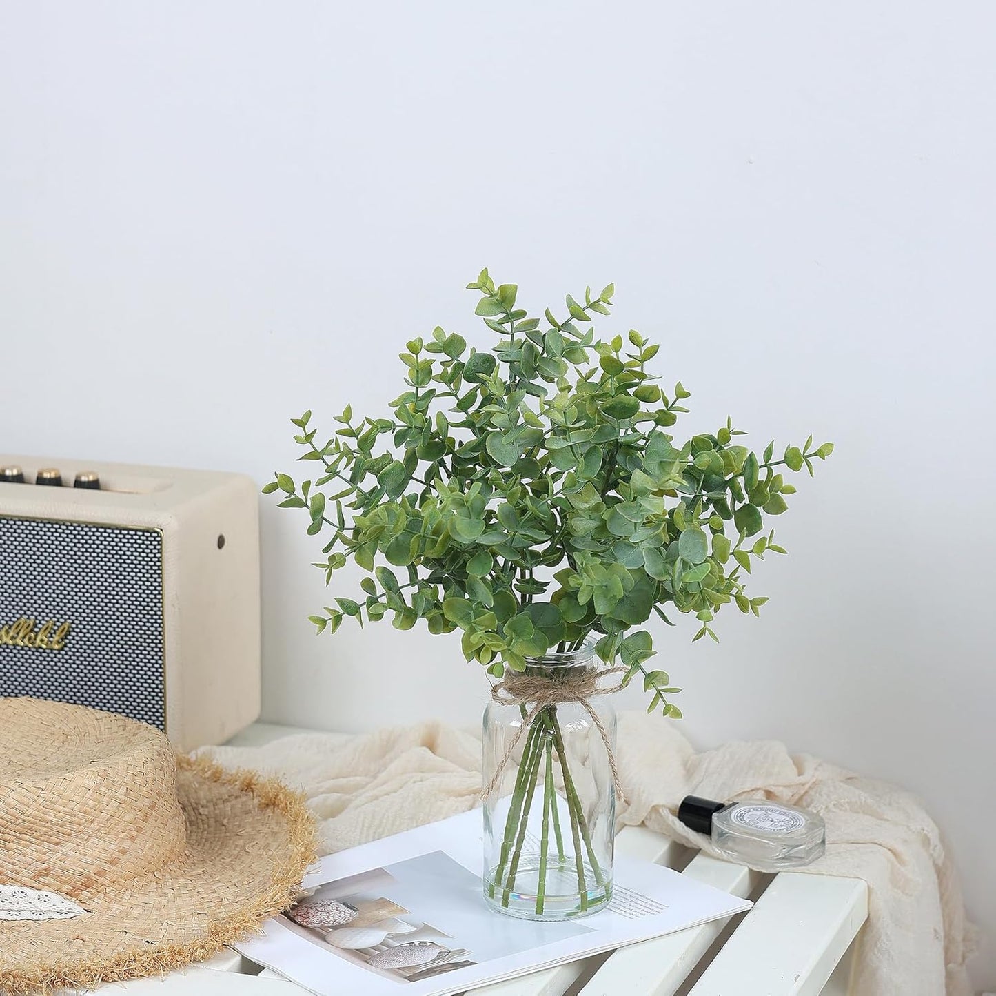 Fake Eucalyptus Stems in Glass Vase