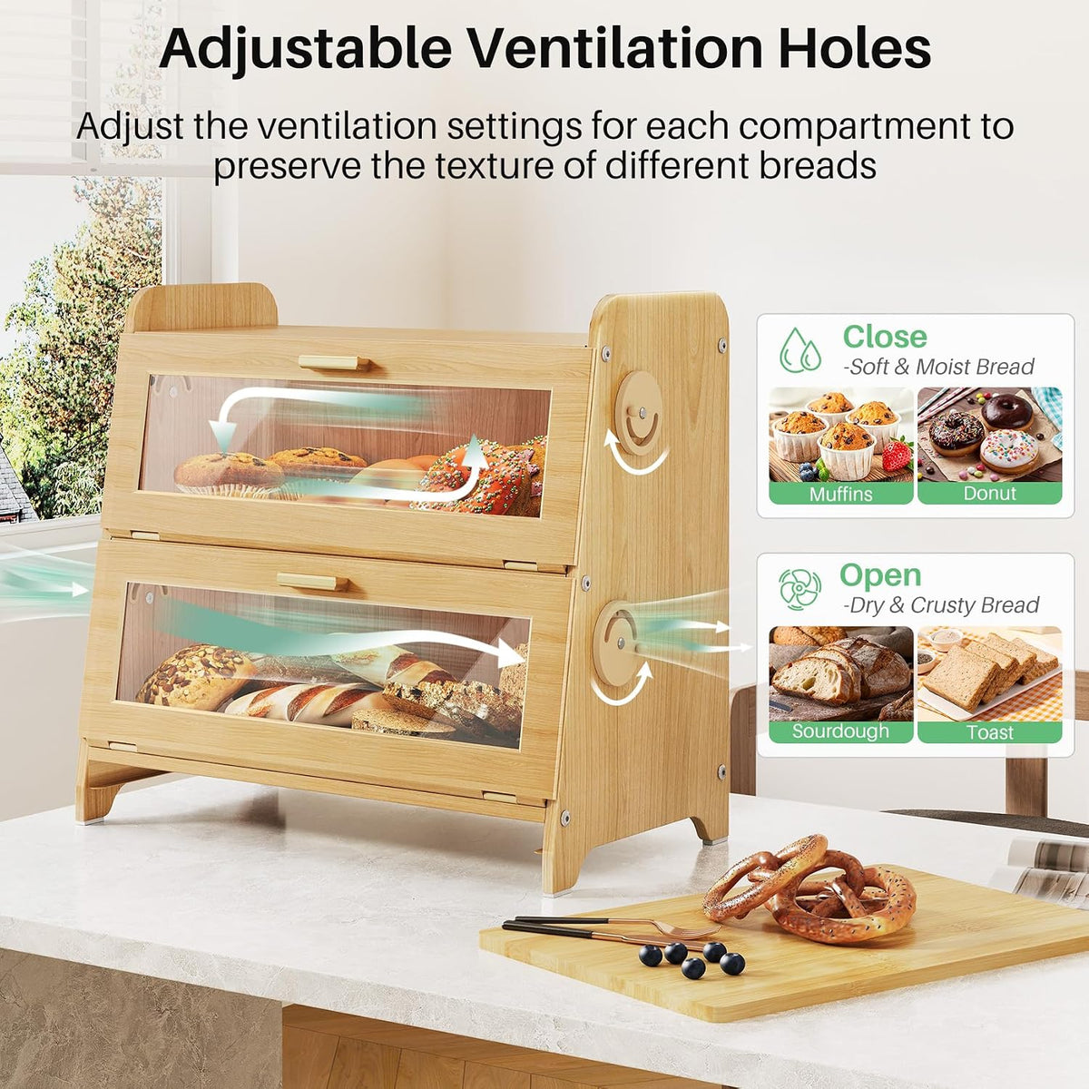 SNTD Bread Box for Kitchen Countertop, Adjustable Ventilation, Natural | Bamboo Cutting Board, Airtight Design