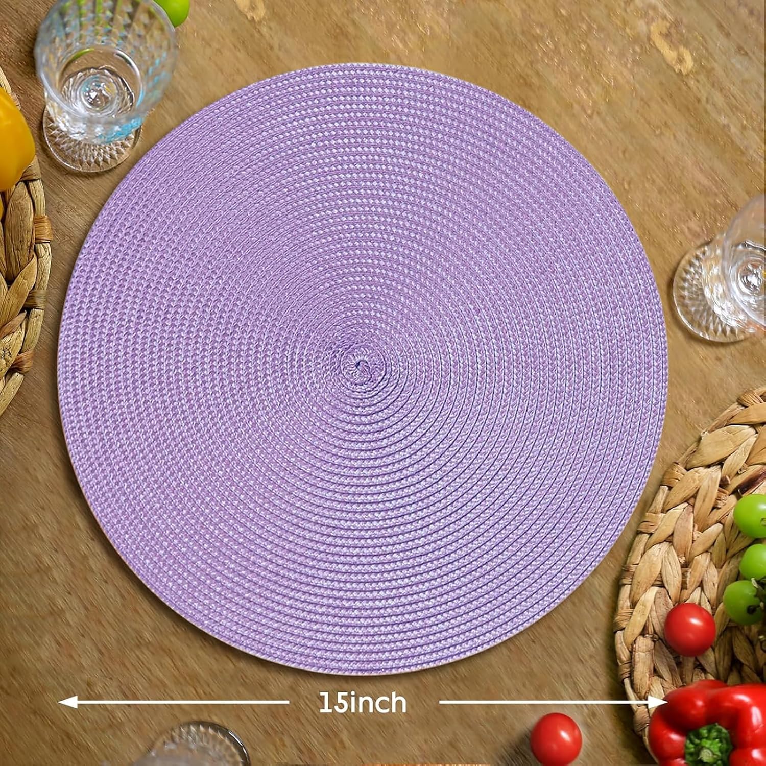 FunWheat Round Braided Placemats Set of 8 Table Mats for Dining Tables Woven Washable Non-Slip Place mats 15