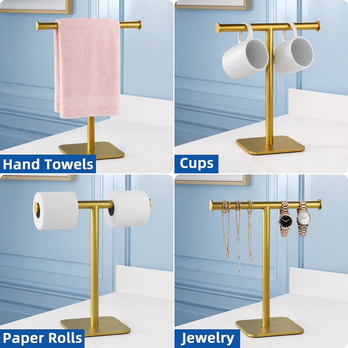 RUACQ T-Shape Hand Towel Holder Stand, 12inch, Brushed Gold | Weighted Base Towel Rack, Countertop Towel Holder for