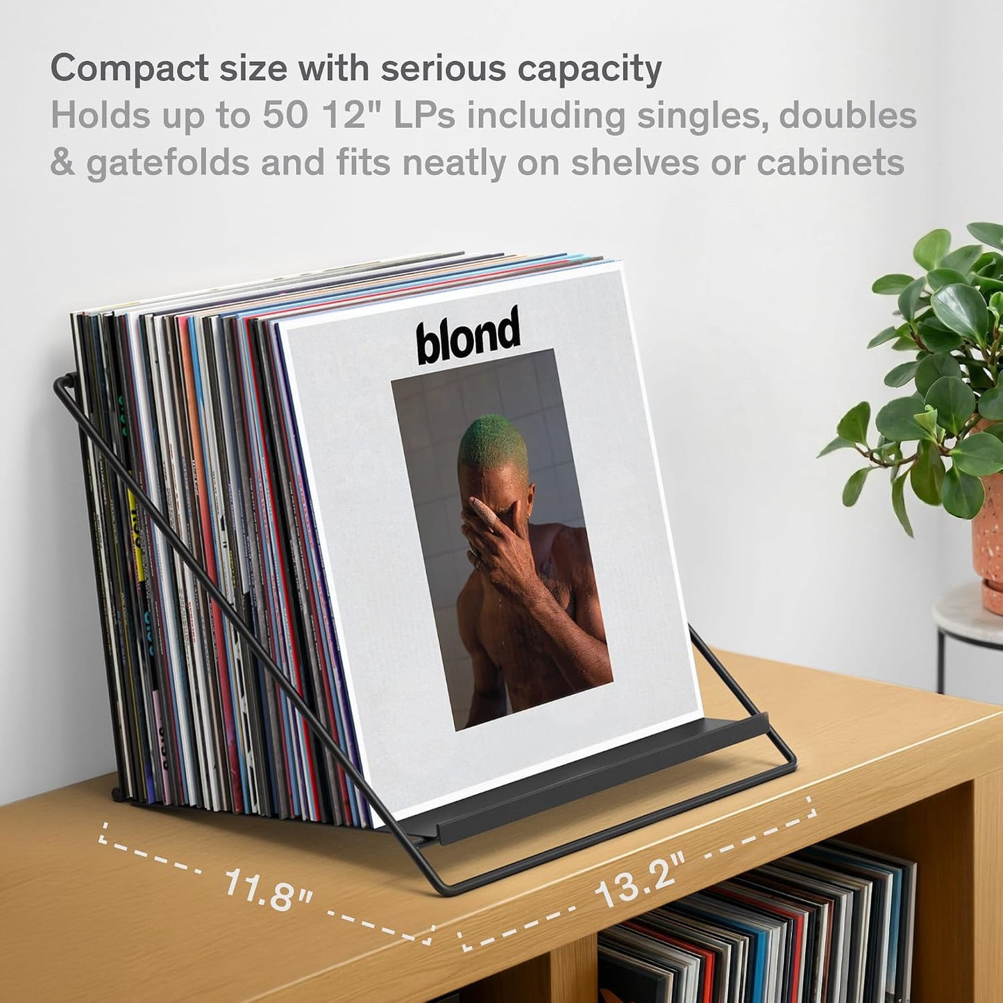 Vinyl Record Storage Rack - Record Holder for 50 LPs, Black | Solid Steel Powder-Coated Finish - Patented Fold-Flat
