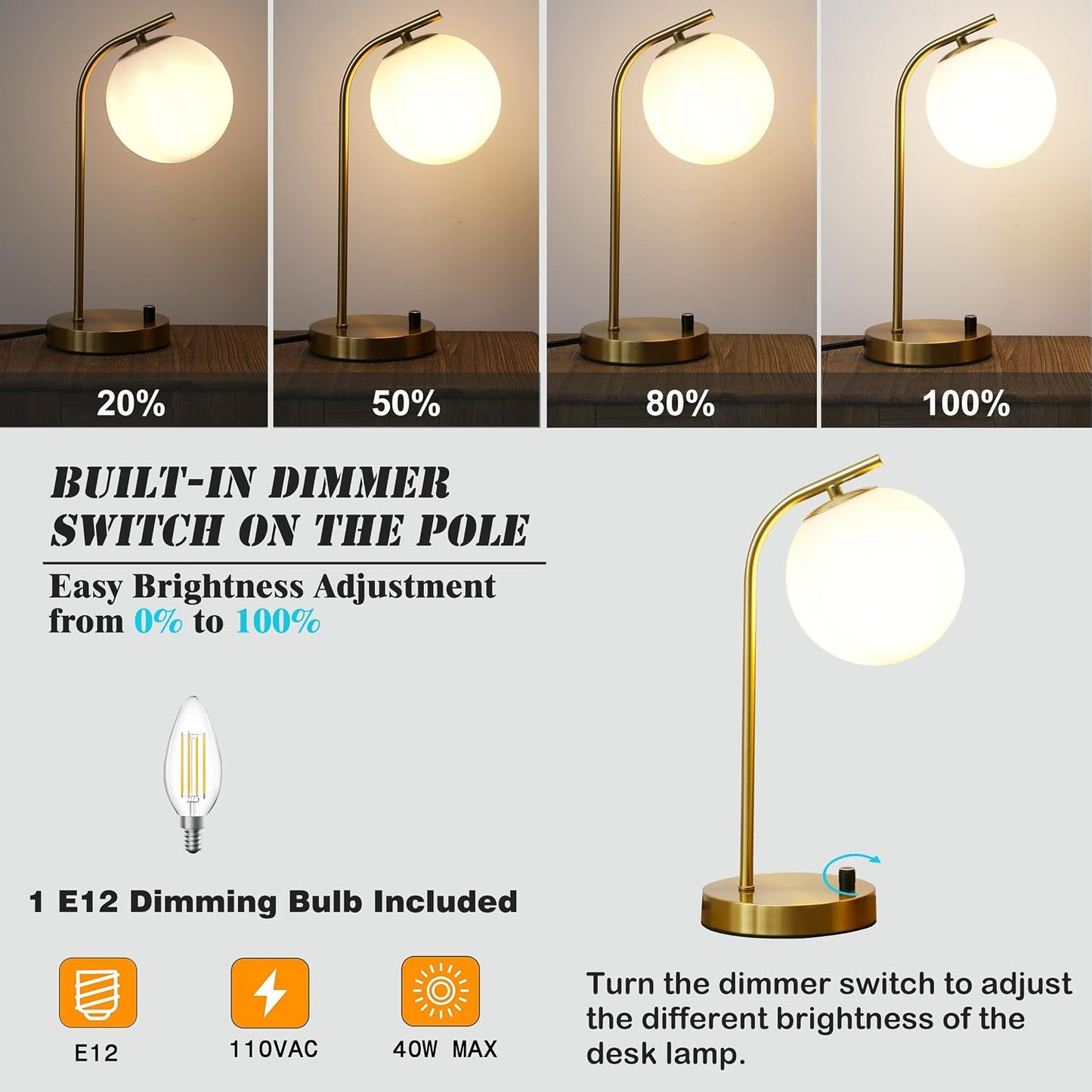 Mid Century Modern Dimmable Globe Table Lamp, Gold,15.3'' high | Minimalist Nightstand Desk Lamp with Milk White Glass
