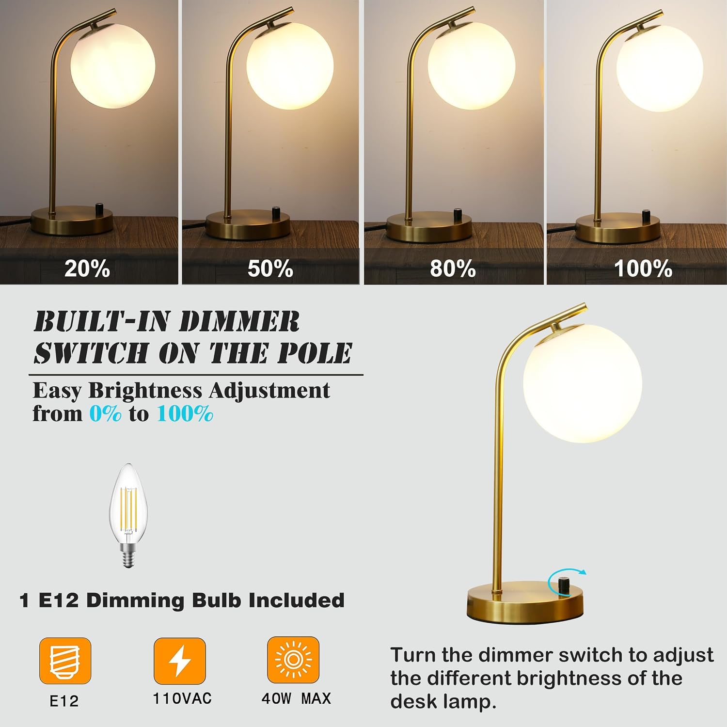 Mid Century Modern Dimmable Globe Table Lamp, Gold,15.3'' high | Minimalist Nightstand Desk Lamp with Milk White Glass
