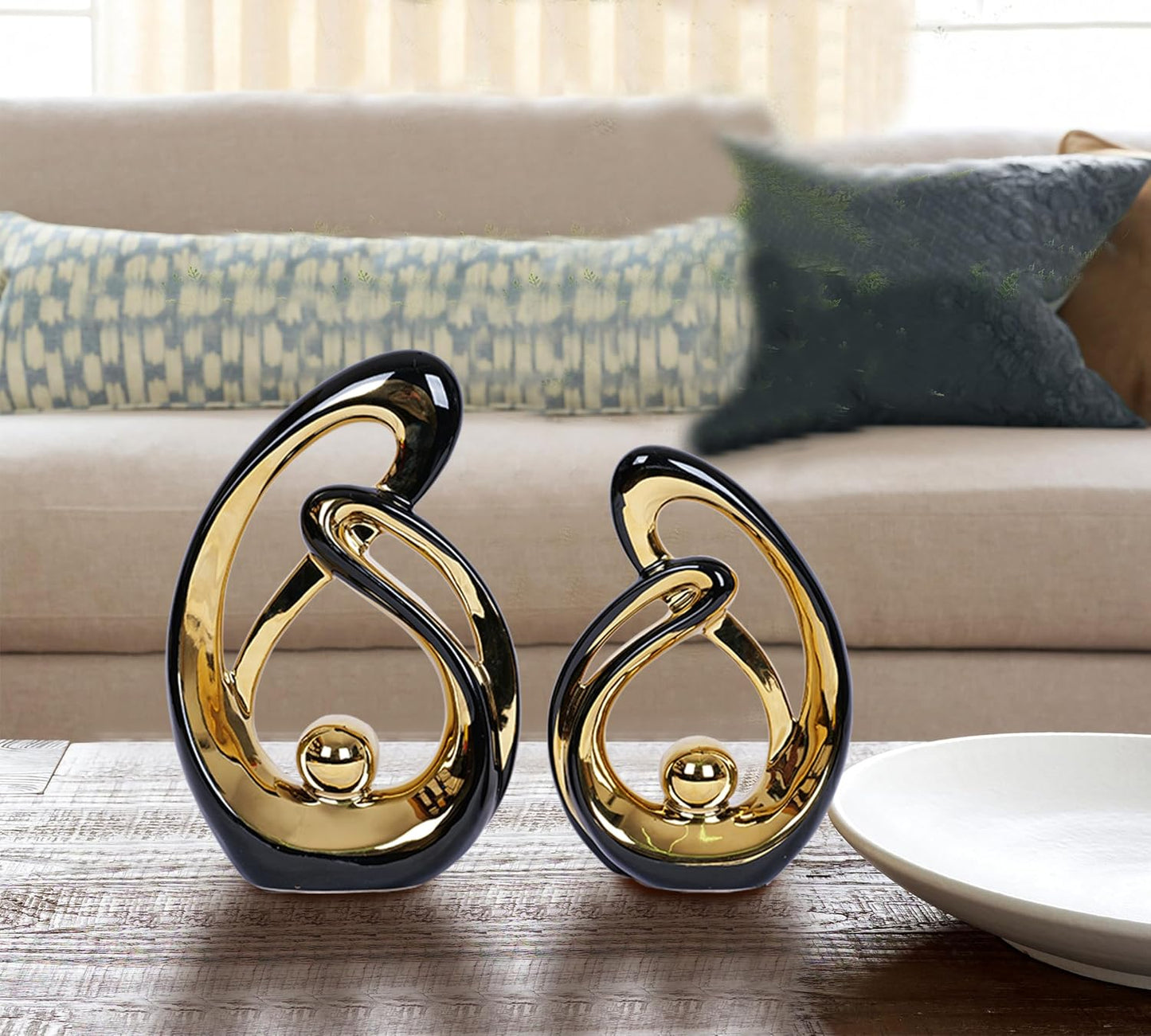 Black and Gold Decor Table Sculpture Decorations Ceramic Statue Mid Century / Black Gold / Set of 2