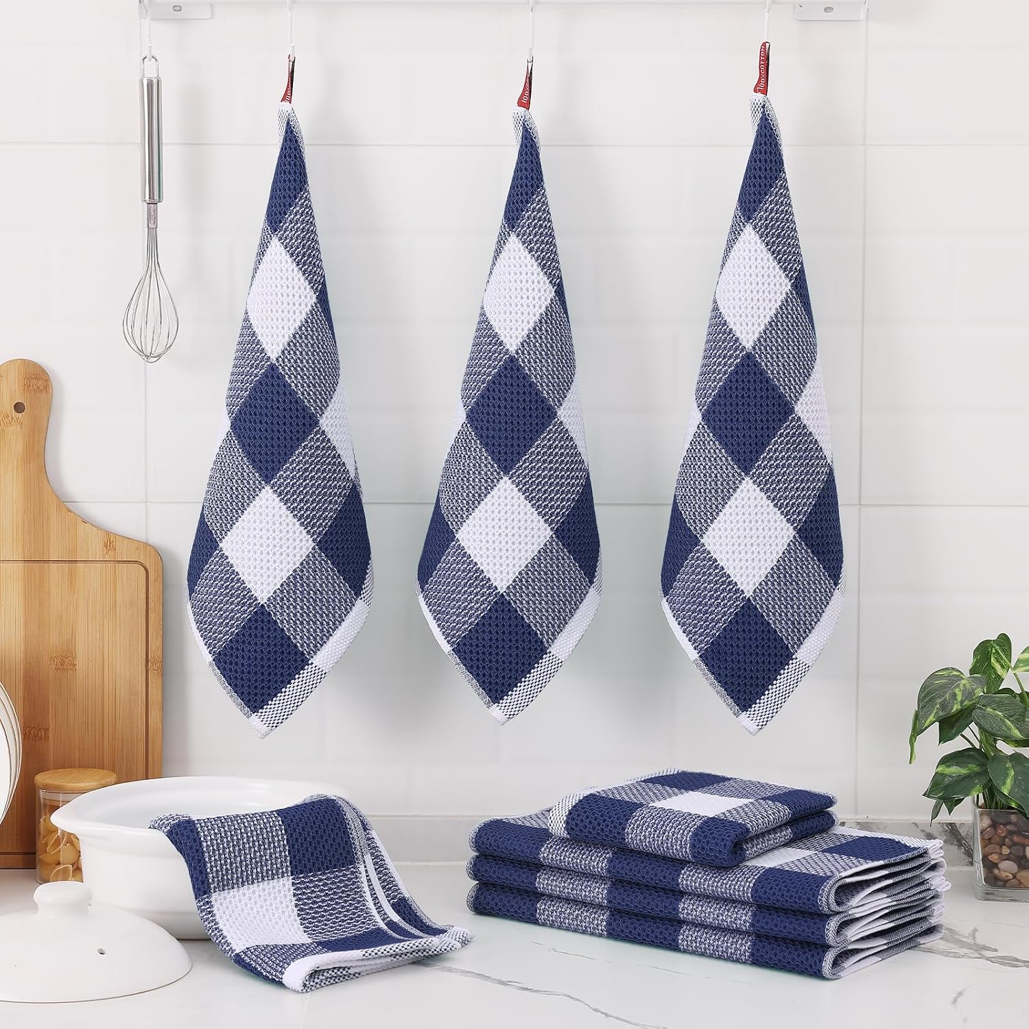 Homaxy Kitchen Towels and Dishcloths Set, Set of 12, White & Navy Blue | Bulk Cotton Waffle Weave Check Plaid Kitchen