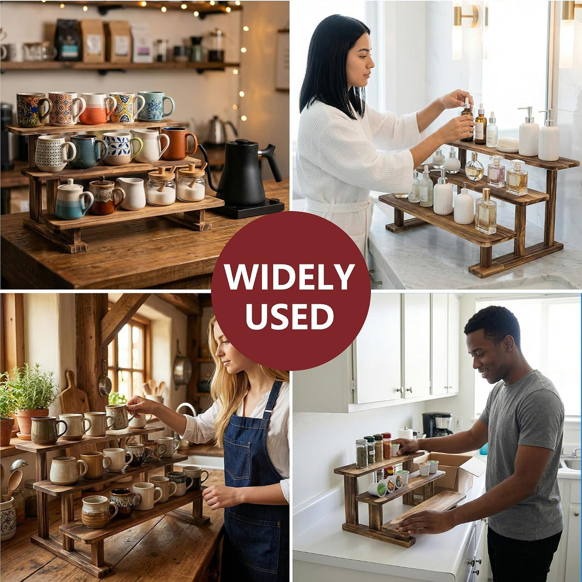 2 Pack 3 Tier Coffee Mug Display Shelf, Wooden Mug Organizer | Mug Display Shelve Coffee Station Organizer Display Rack