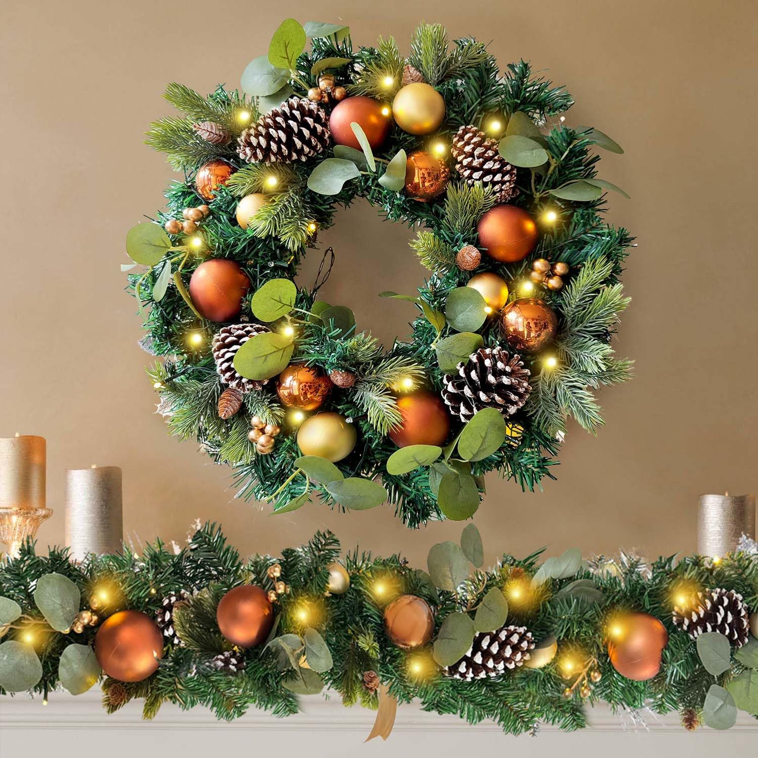 WANNA-CUL Pre-Lit 6ft Copper Gold Christmas Garland with 30 LED Lights | Timer Winter Xmas Lighted Garland for Mantel