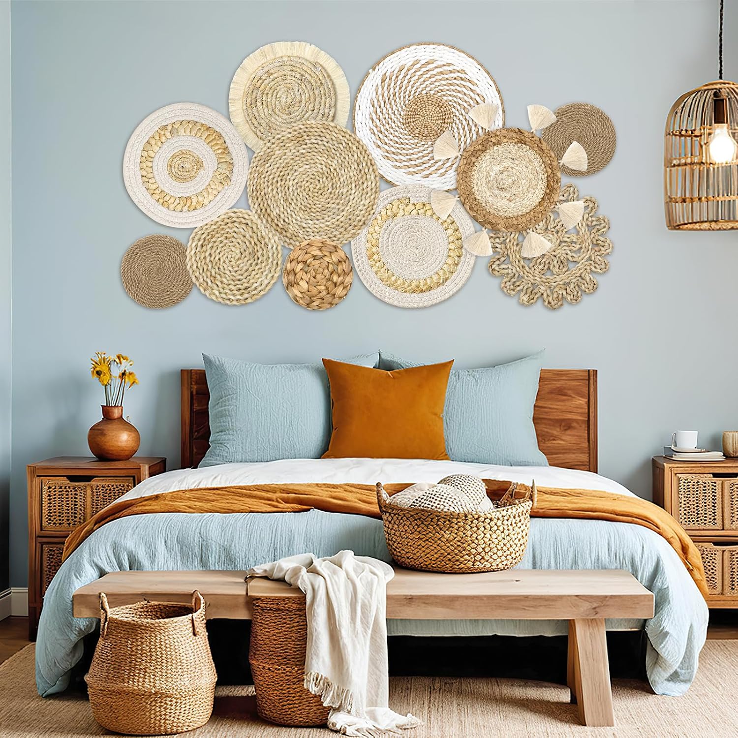 Boho Wall Basket Decor Wicker Woven Wall Basket Decorations Handcrafted Round / Bohemian / Set of 11
