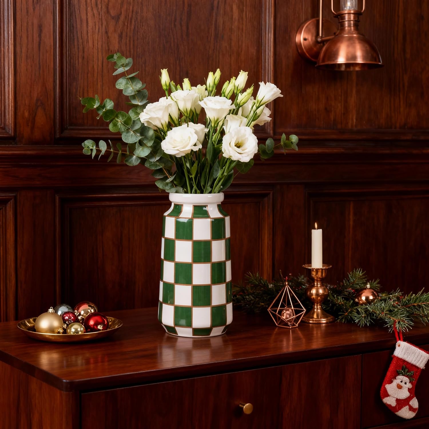 Black and White Ceramic Vase / Green