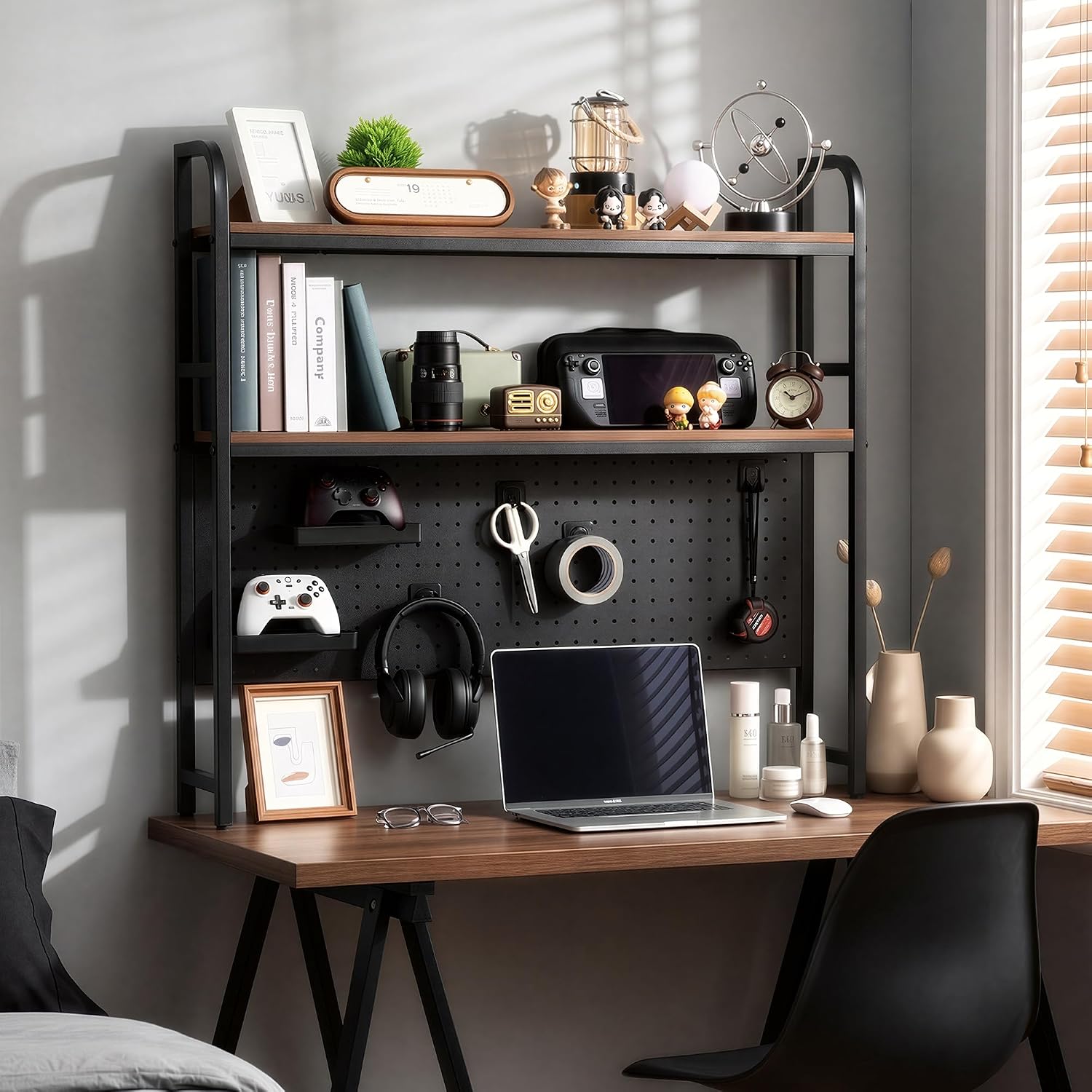 deli Desktop Shelf, Desk Hutch with Metal Pegboard, Black | 2-Tier Desktop Display Rack, 4 Accessories, Multipurpose