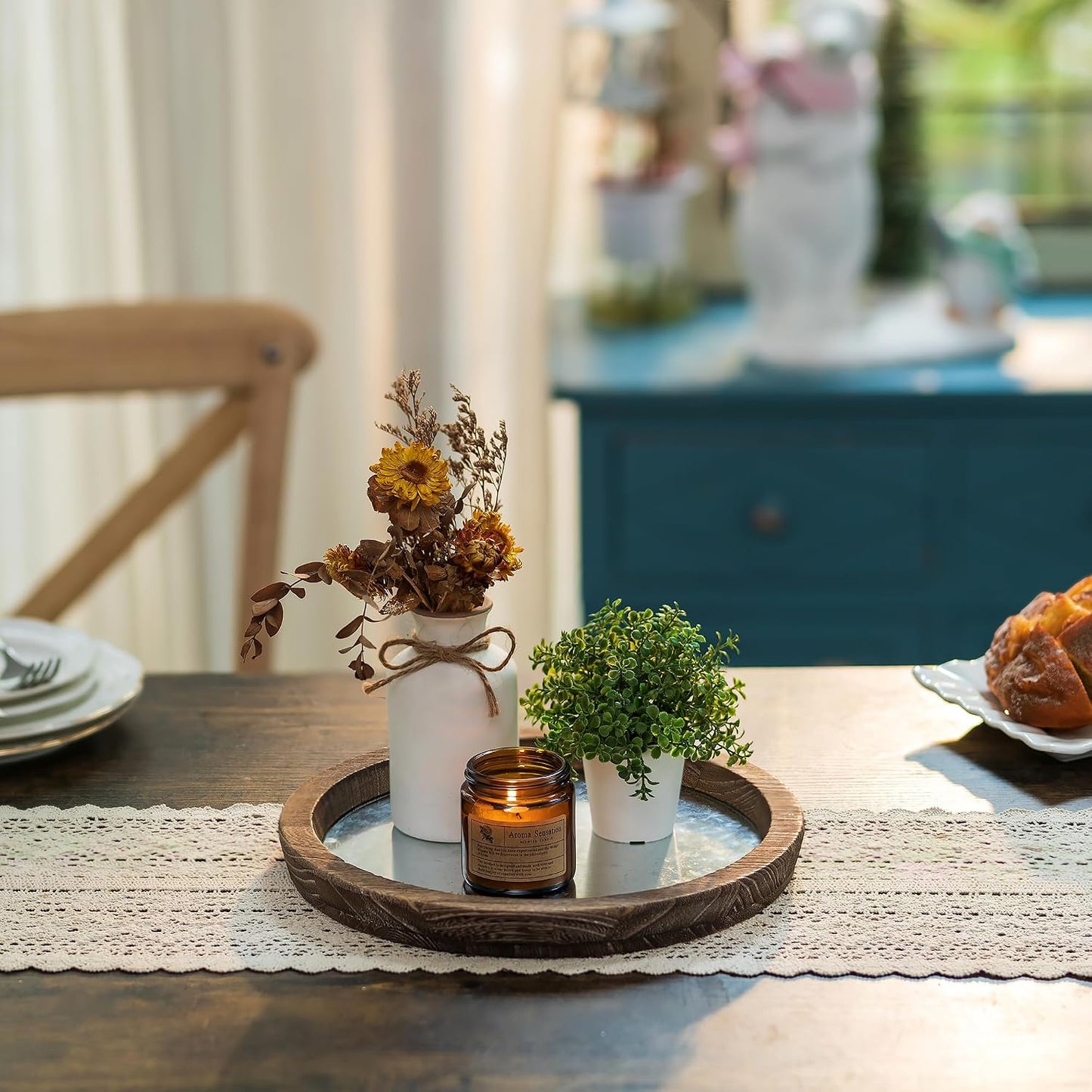 Round Wood Decorative Candle Plate / Distressed Mirror