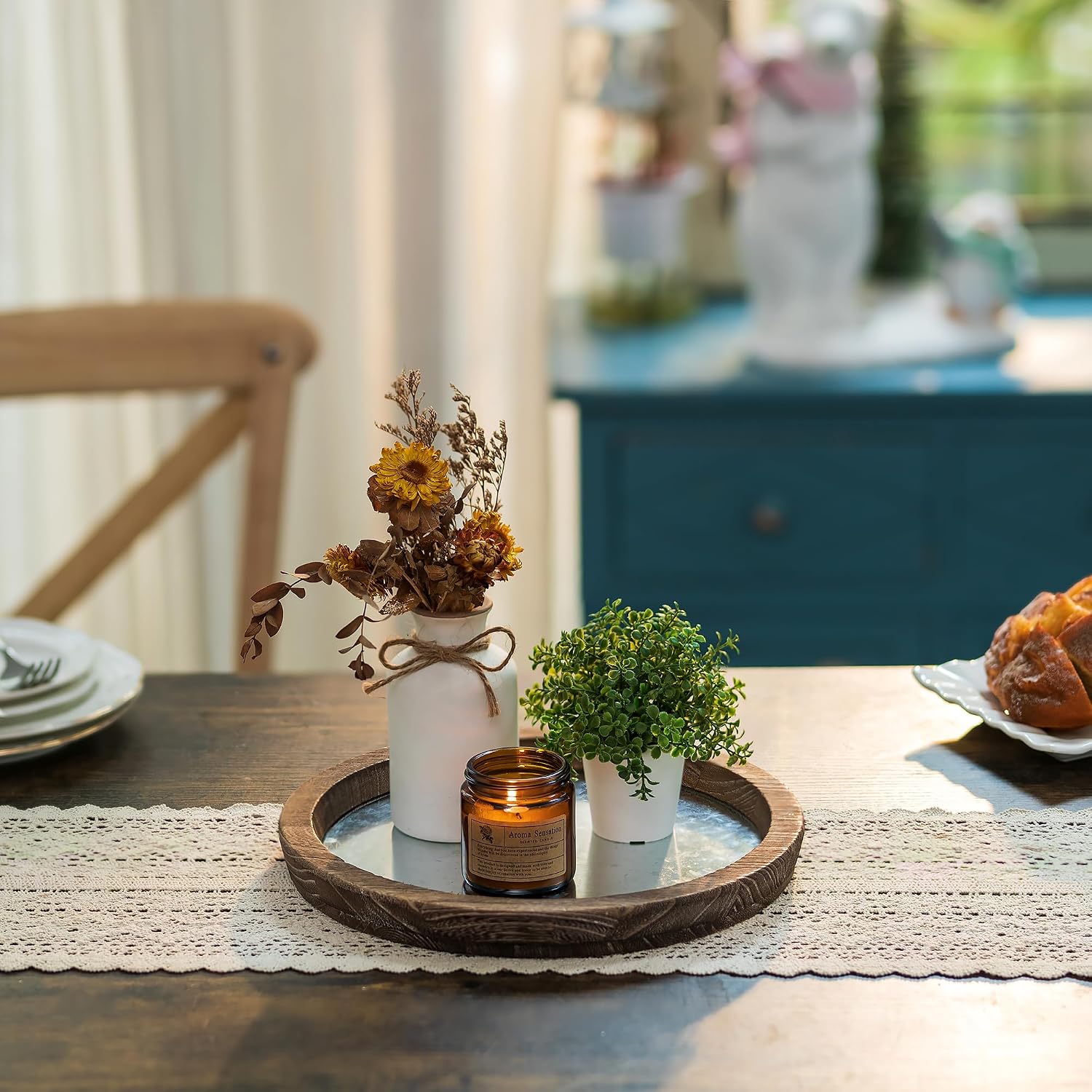 Round Wood Decorative Candle Plate / Distressed Mirror