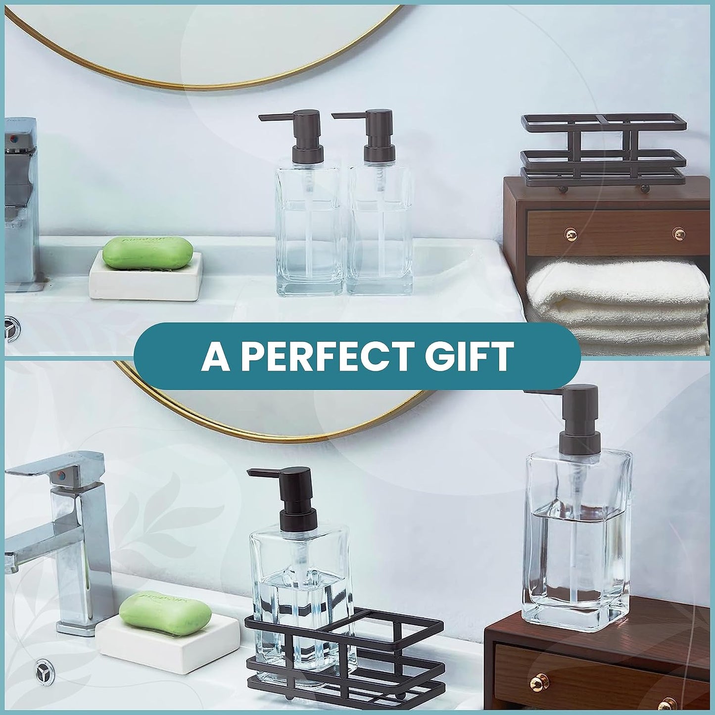 Square Glass Clear Lotion and Soap Pump Dispenser Set with Metal Stand Caddy for Bathroom Bath Kitchen Home Office