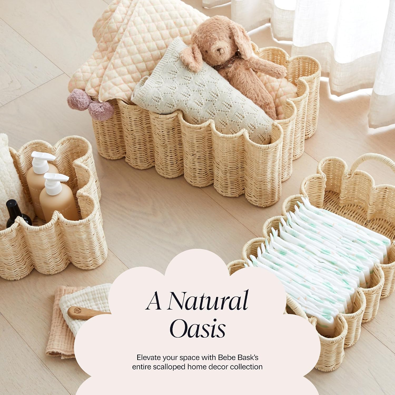 Wavy Scalloped Rattan Tray / 19 x 9 x 6.5