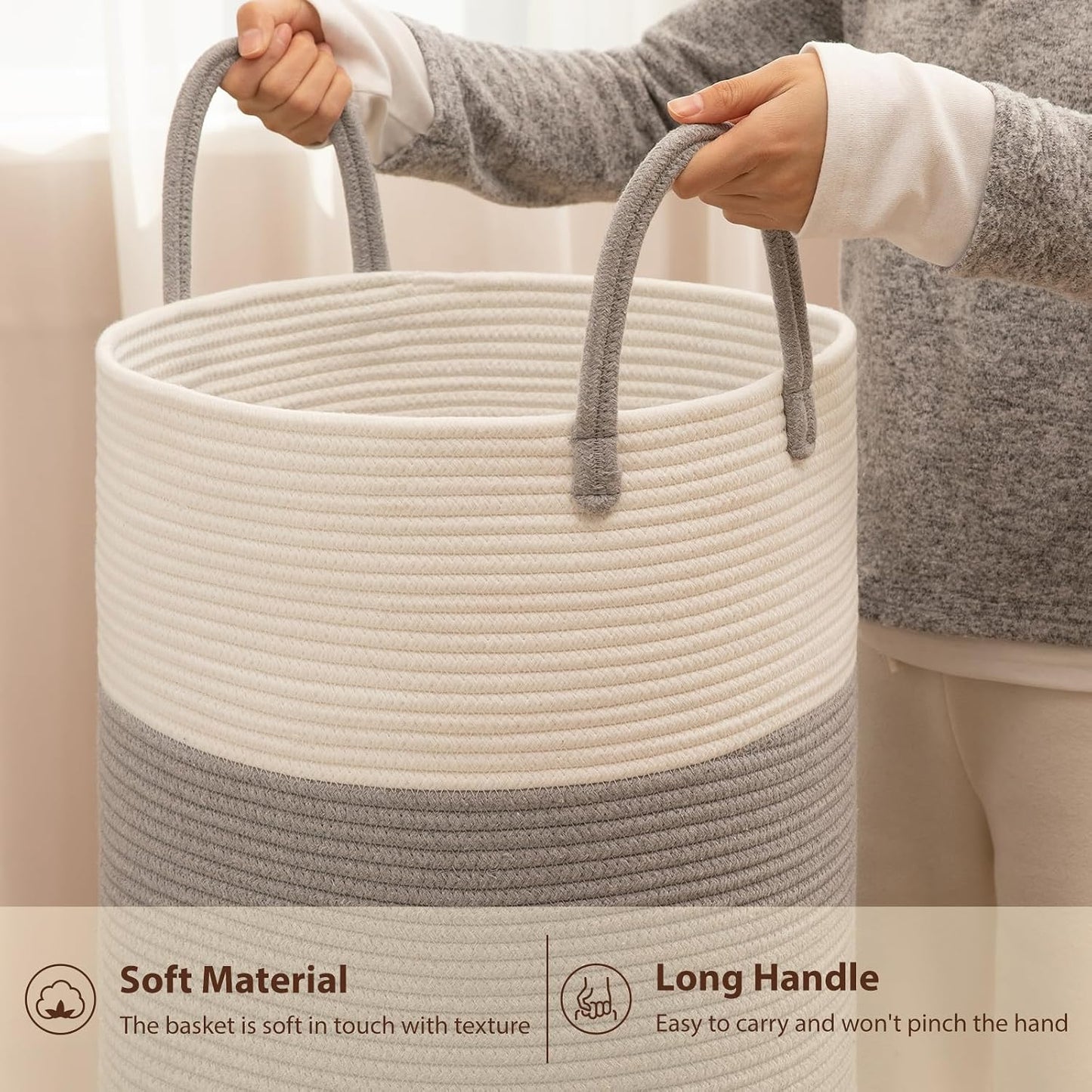 Cotton Rope Woven Basket for Blankets / Grey/white / 60L