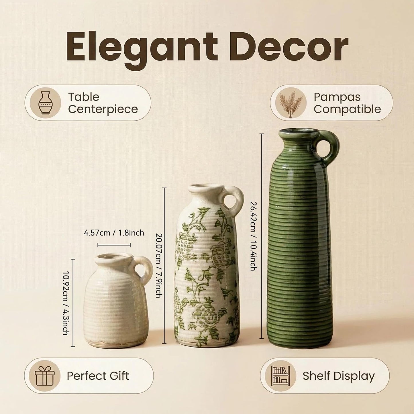 Ceramic Vases / Farmhouse Country Flower Vase Home Decor / Green Flower / Set of 3