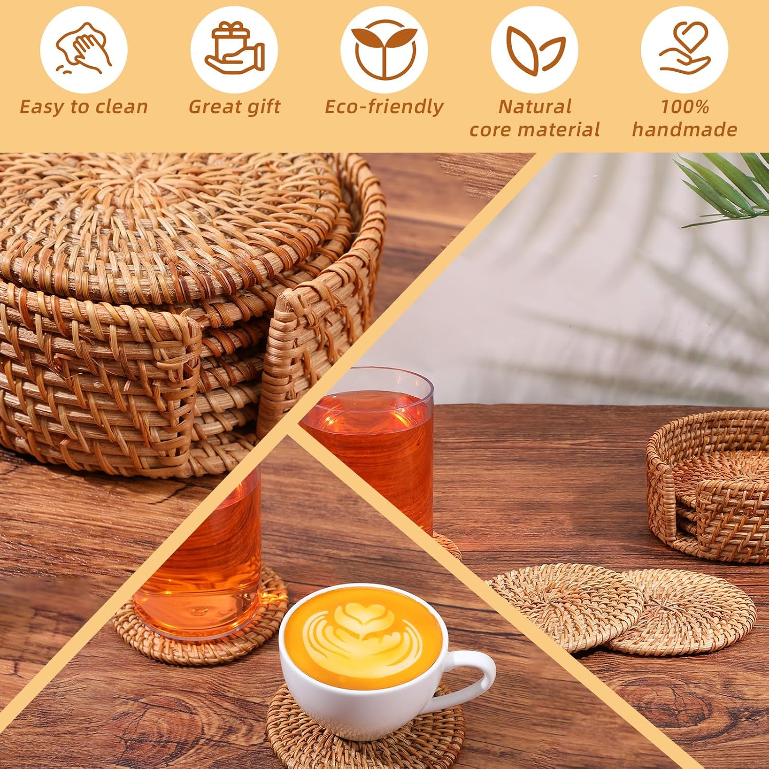 Holder / Wicker Boho Drink Coasters Set / Natural / 4 Inch / Set of 12