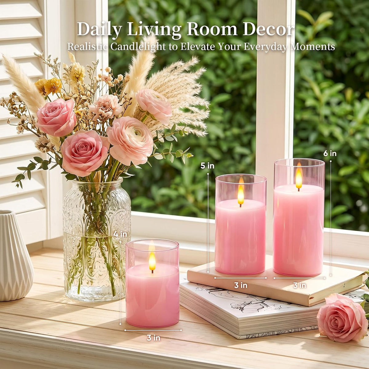Amagic Pink Glass Flameless LED Candles Battery Operated with Remote Timer | Real Wax Pillar Electric Candle, 3D