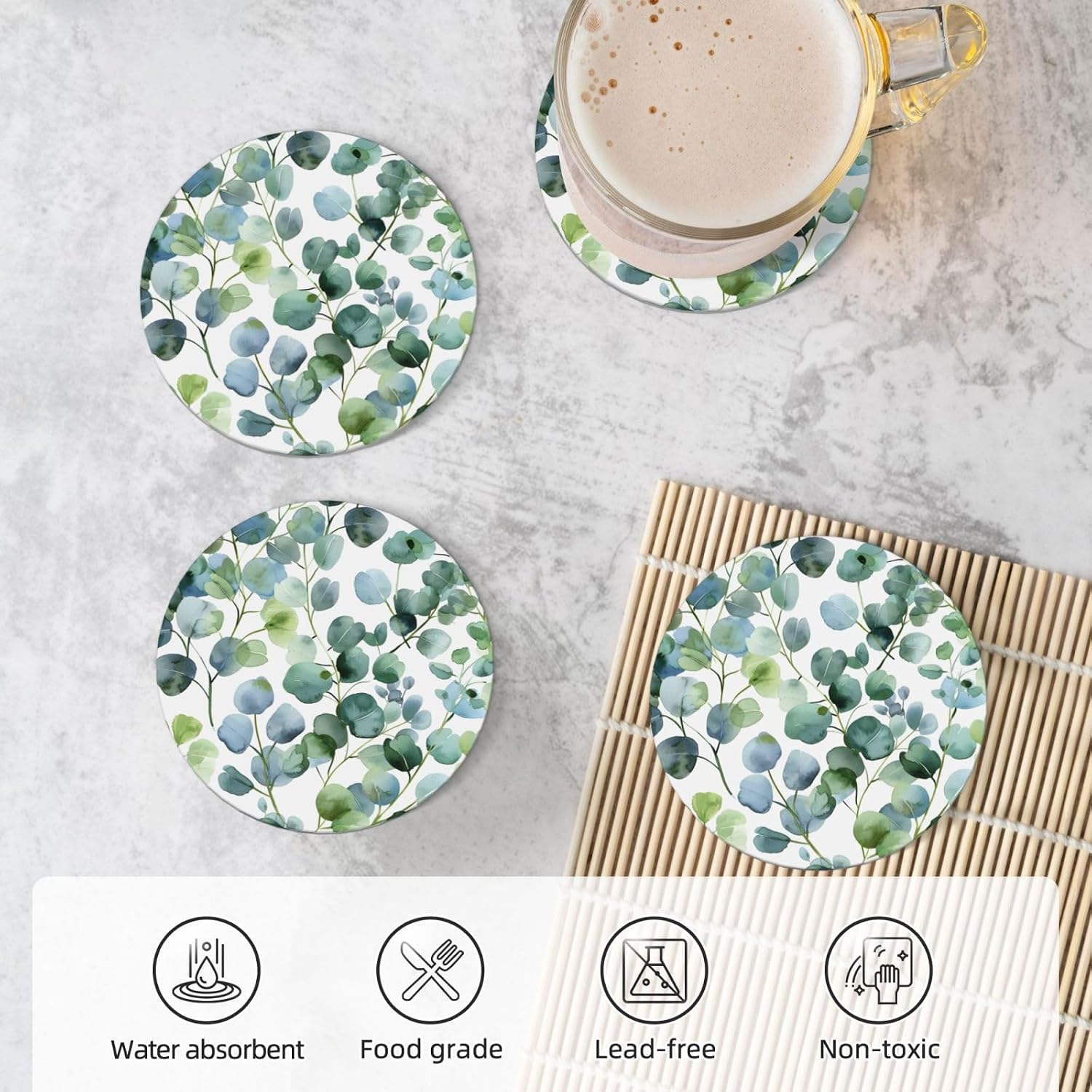 Coasters for Drinks Absorbent Round Ceramic Coasters / Green Eucalyptus Leaves / 4.1 Inch / Set of 4
